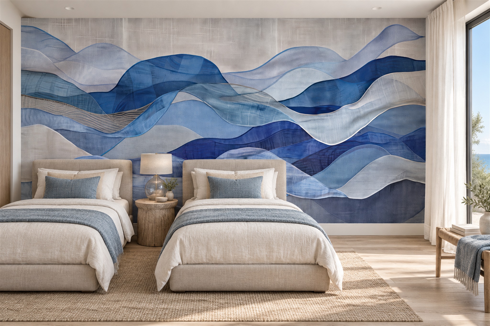 Blue Waves Artful Abstract Wallpaper Mural Living-room-wallpaper-murals, Peel-and-stick Finish
