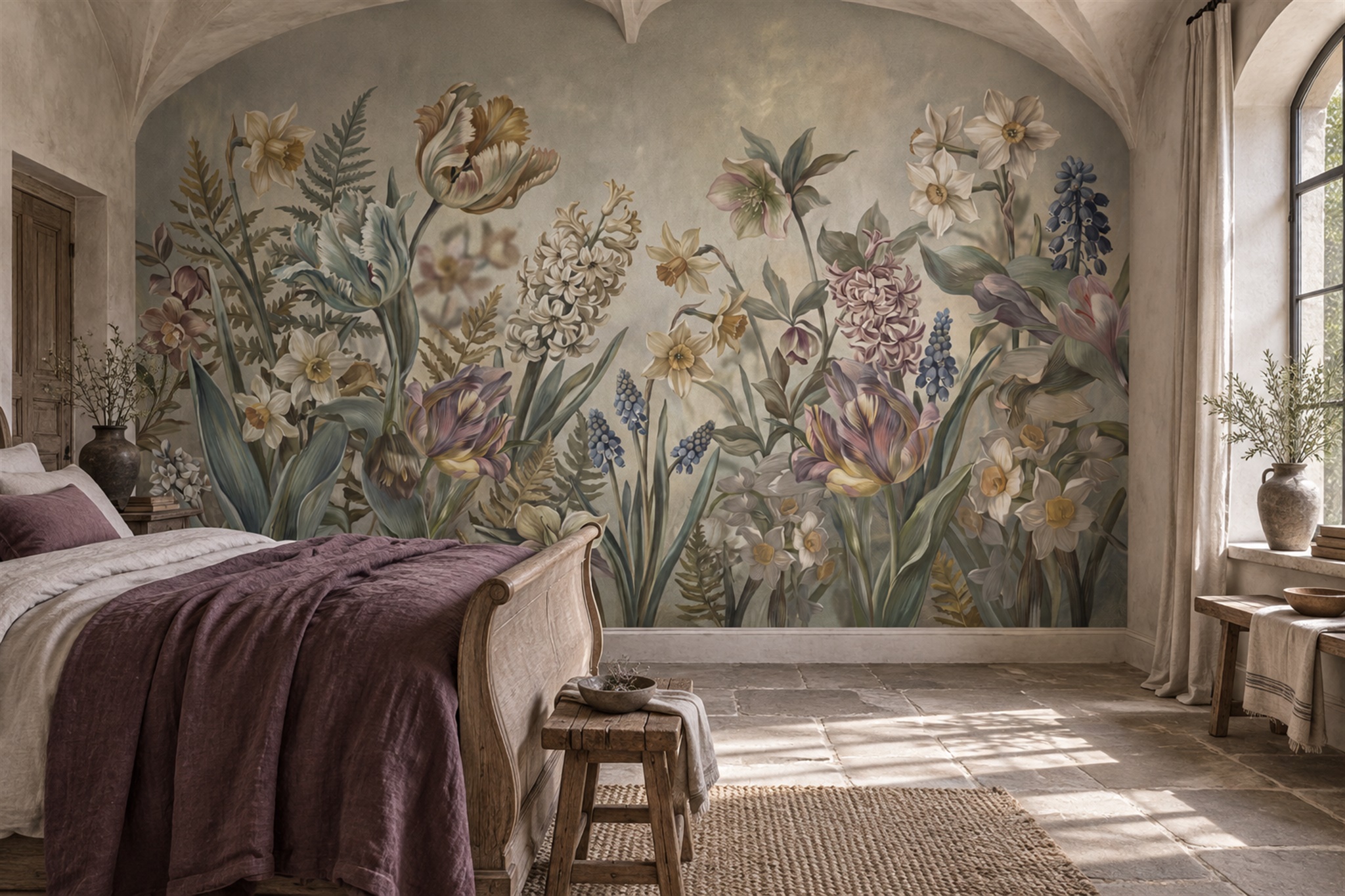 Sage Botanical Botanical Vintage Wallpaper Mural Bedroom-wallpaper-murals, Peel-and-stick Finish