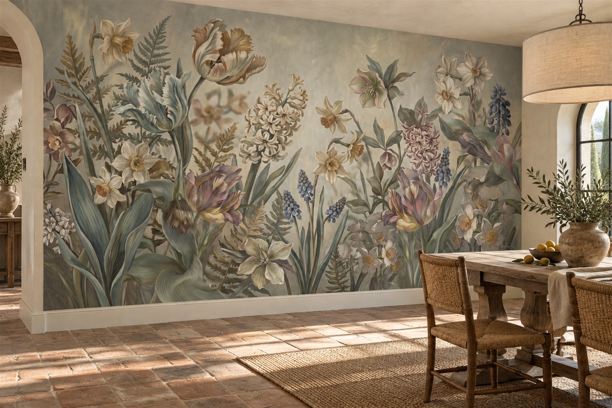 Sage Wildflower Garden And Birds Wallpaper Mural — Wallpaper Mural Design, Peel-and-stick Finish