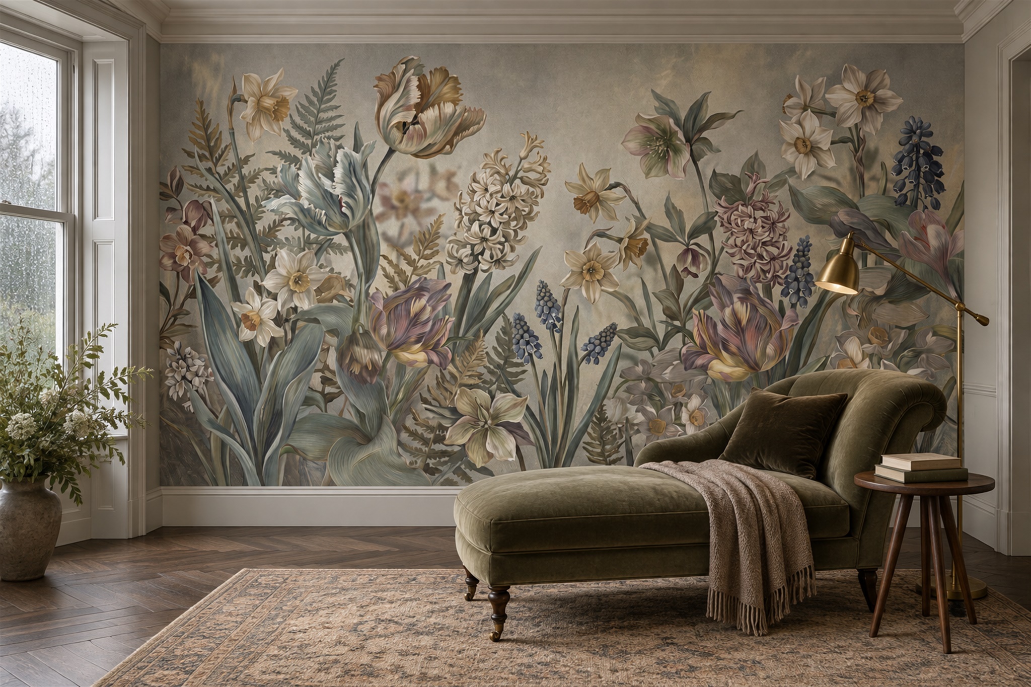 Sage Botanical Botanical Vintage Wallpaper Mural Home-office-wallpaper-murals, Shown In A Home Office, Peel-and-stick Finish