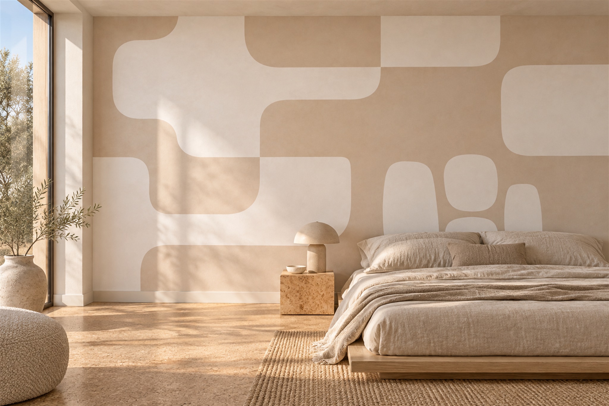 Beige Shaped Abstract Wallpaper Mural Bedroom-wallpaper-murals, Peel-and-stick Finish