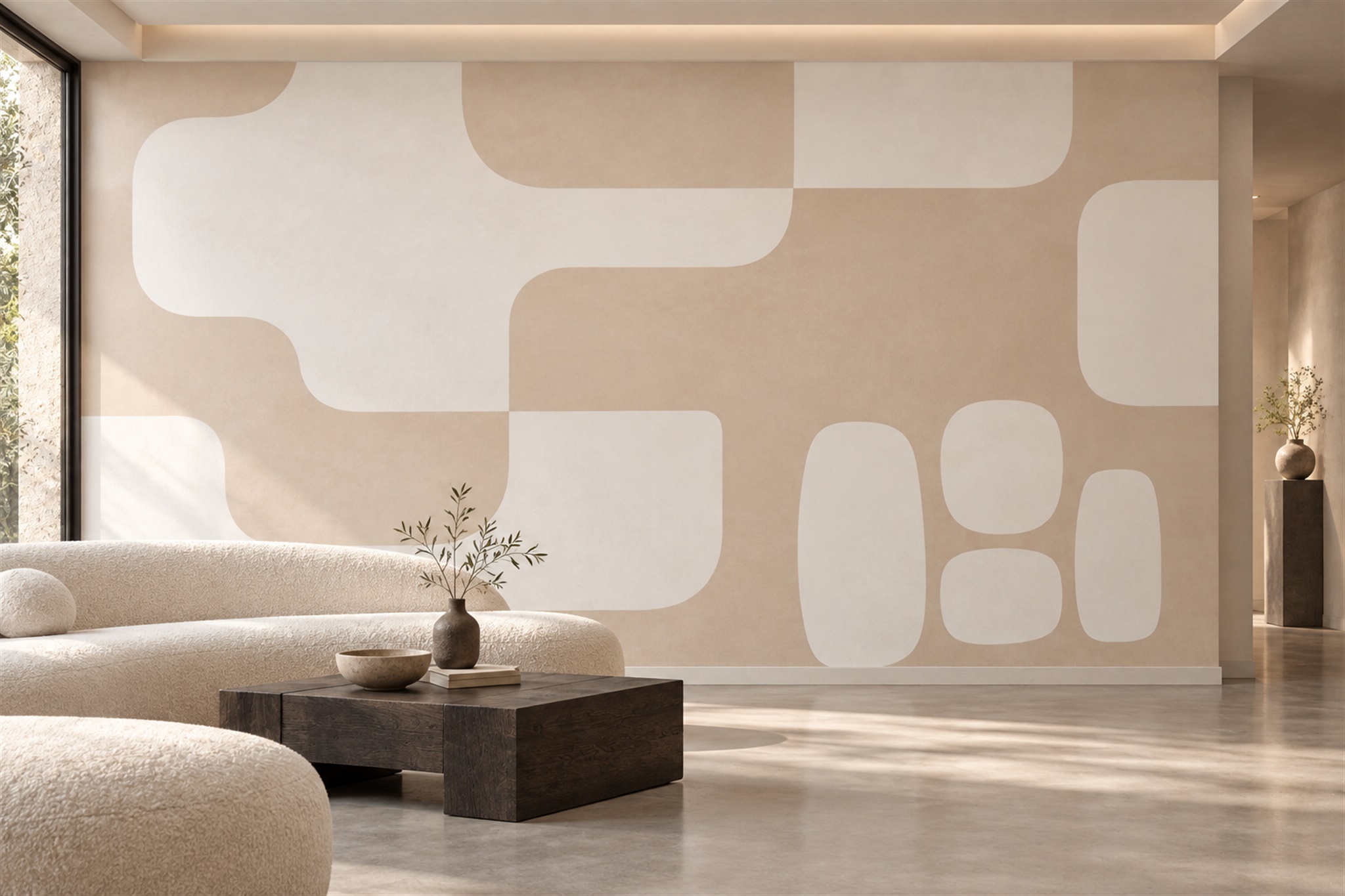 Beige Shaped Abstract Wallpaper Mural Bedroom-wallpaper-murals, Peel-and-stick Finish