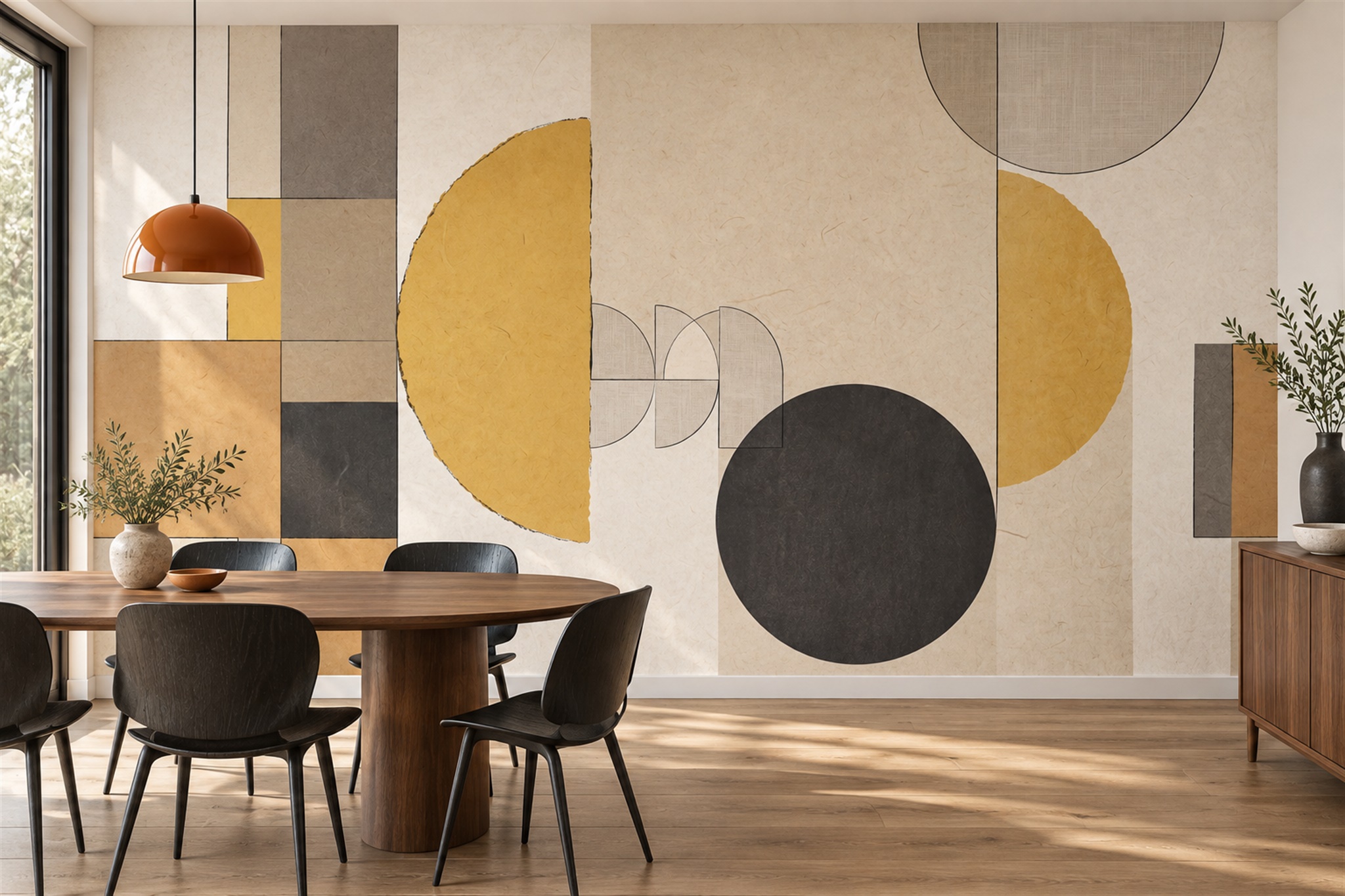 Gold Geometric Abstract Wallpaper Mural Dining-room-wallpaper-murals, Shown In A Dining Room, Peel-and-stick Finish