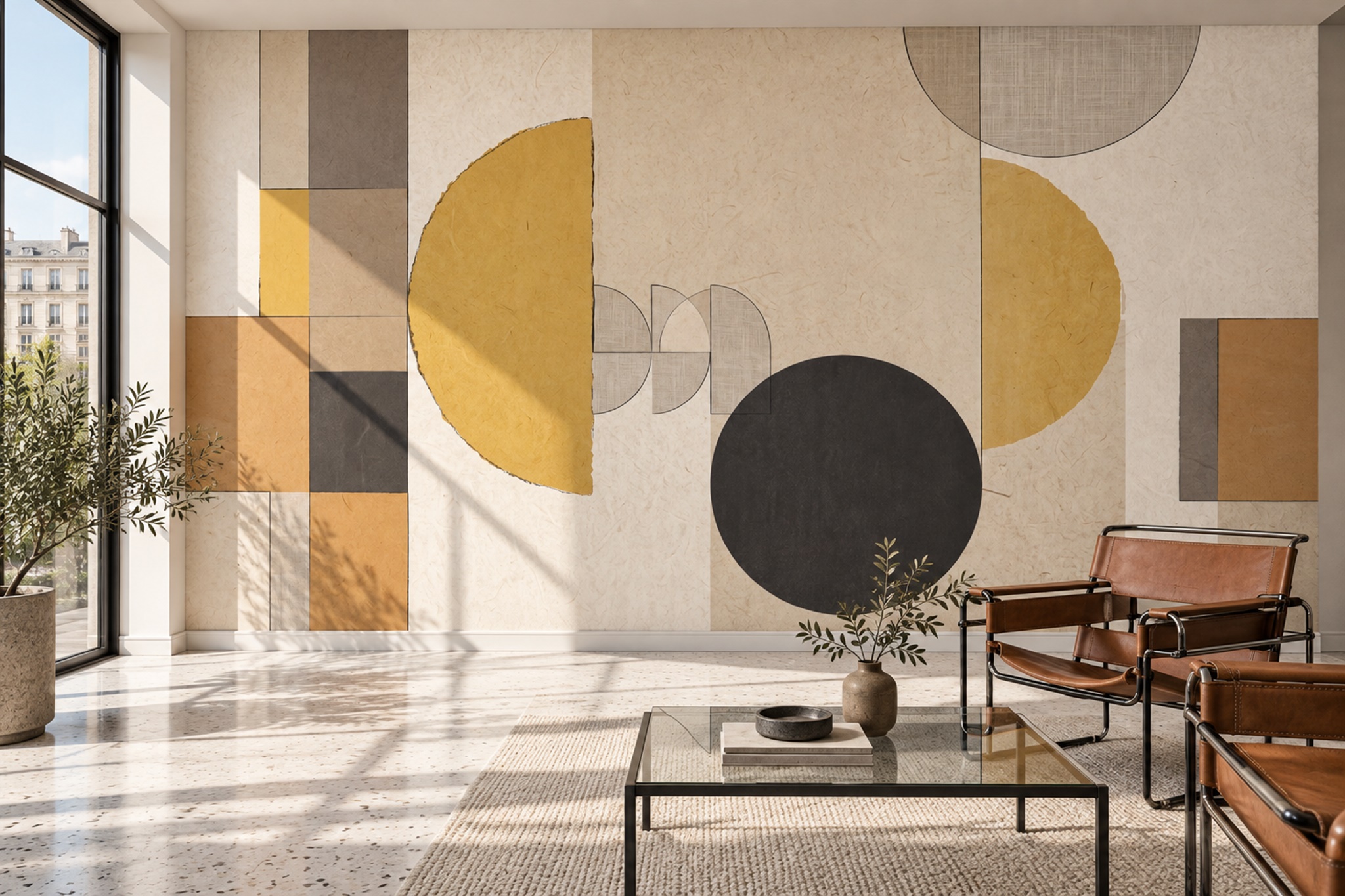 Mustard And Charcoal Minimal Geometric Wallpaper Mural — Wallpaper Mural Design, Peel-and-stick Finish