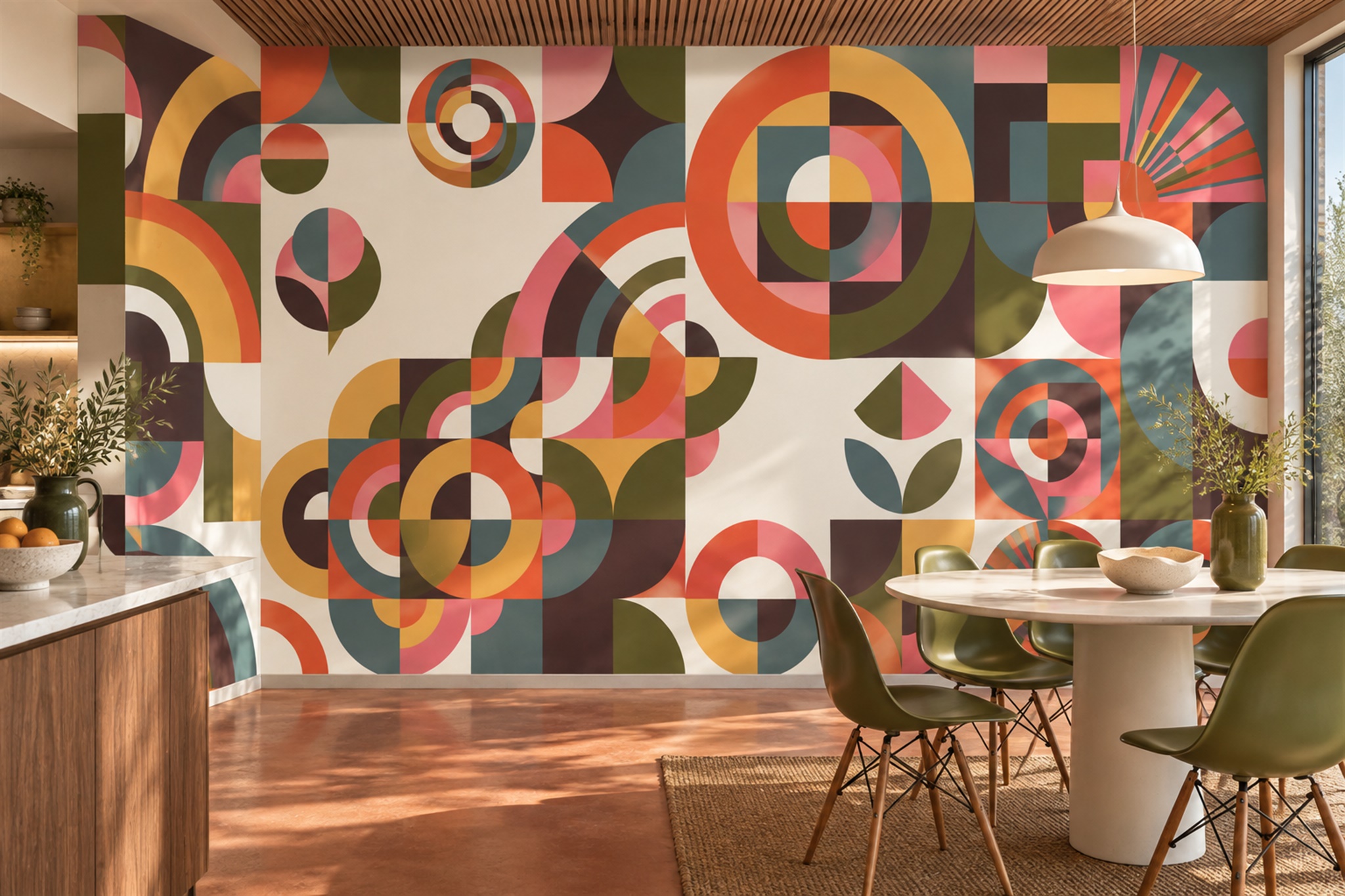 Orange Geometric Abstract Wallpaper Mural Dining-room-wallpaper-murals, Shown In A Dining Room, Peel-and-stick Finish
