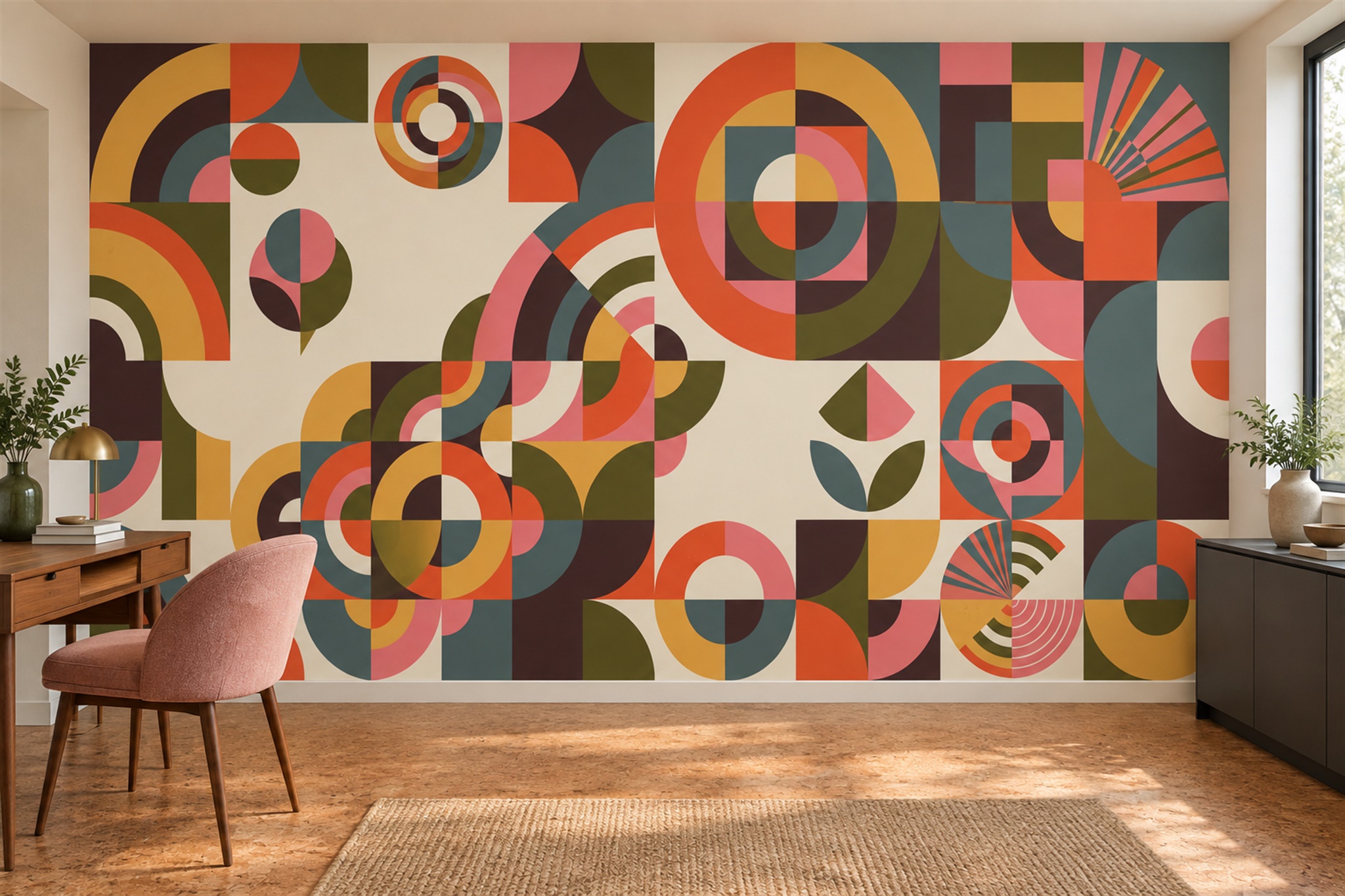 Orange Geometric Abstract Wallpaper Mural Accent-wall-wallpaper-murals, Peel-and-stick Finish