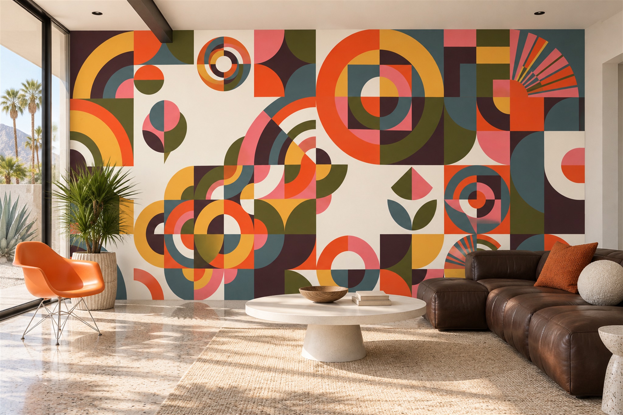 Orange Teal And Mustard Retro Geometric Wallpaper Mural — Wallpaper Mural Design, Peel-and-stick Finish