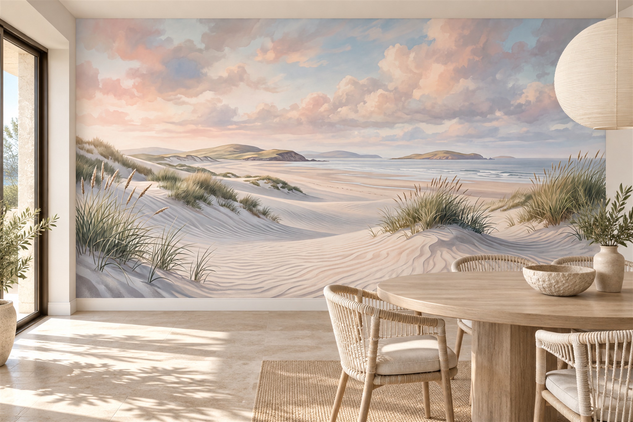 Beige Beach Scenic Wallpaper Mural Living-room-wallpaper-murals, Peel-and-stick Finish