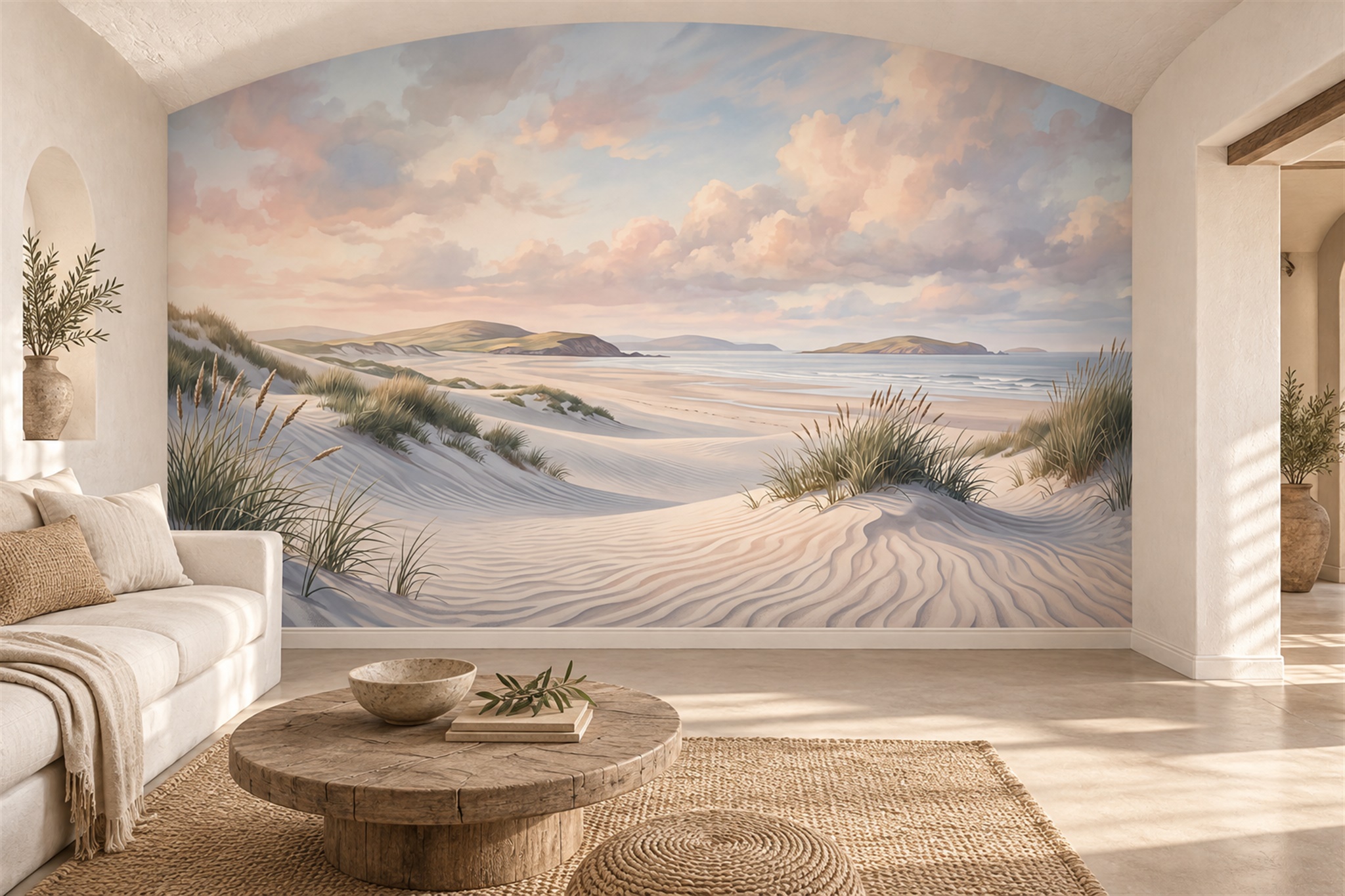 Beige Beach Scenic Wallpaper Mural Living-room-wallpaper-murals, Peel-and-stick Finish