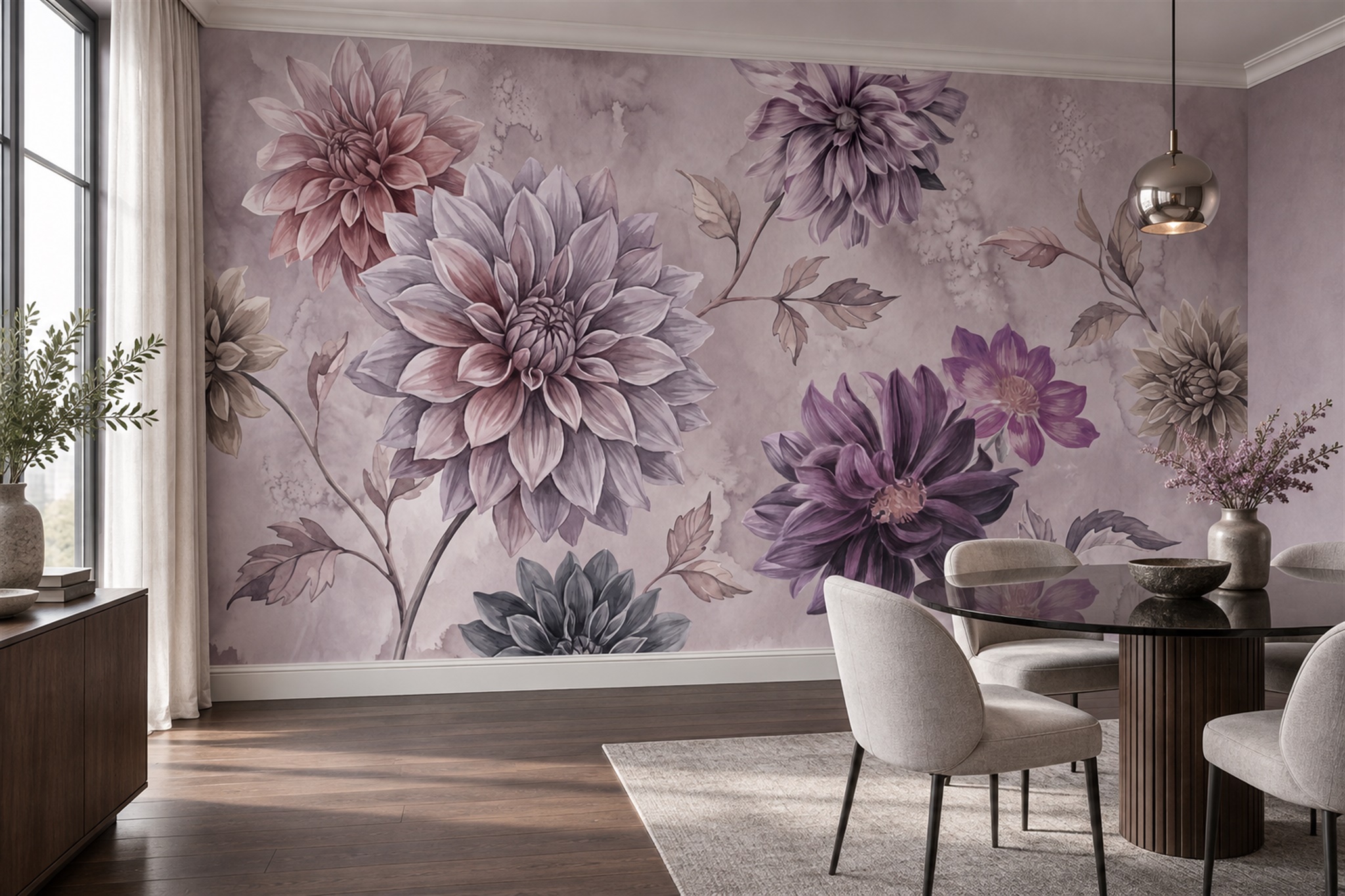 Lilac Pattern Decorative Painterly Wallpaper Mural Dining-room-wallpaper-murals, Shown In A Dining Room, Peel-and-stick Finish