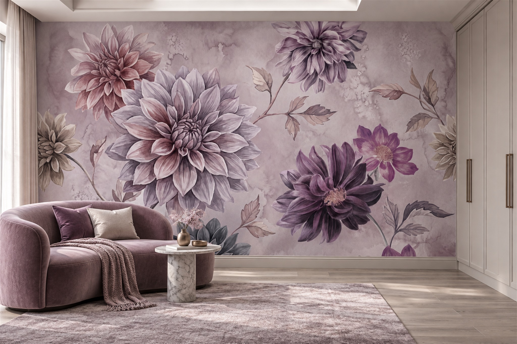 Lilac Pattern Decorative Painterly Wallpaper Mural Bedroom-wallpaper-murals, Peel-and-stick Finish