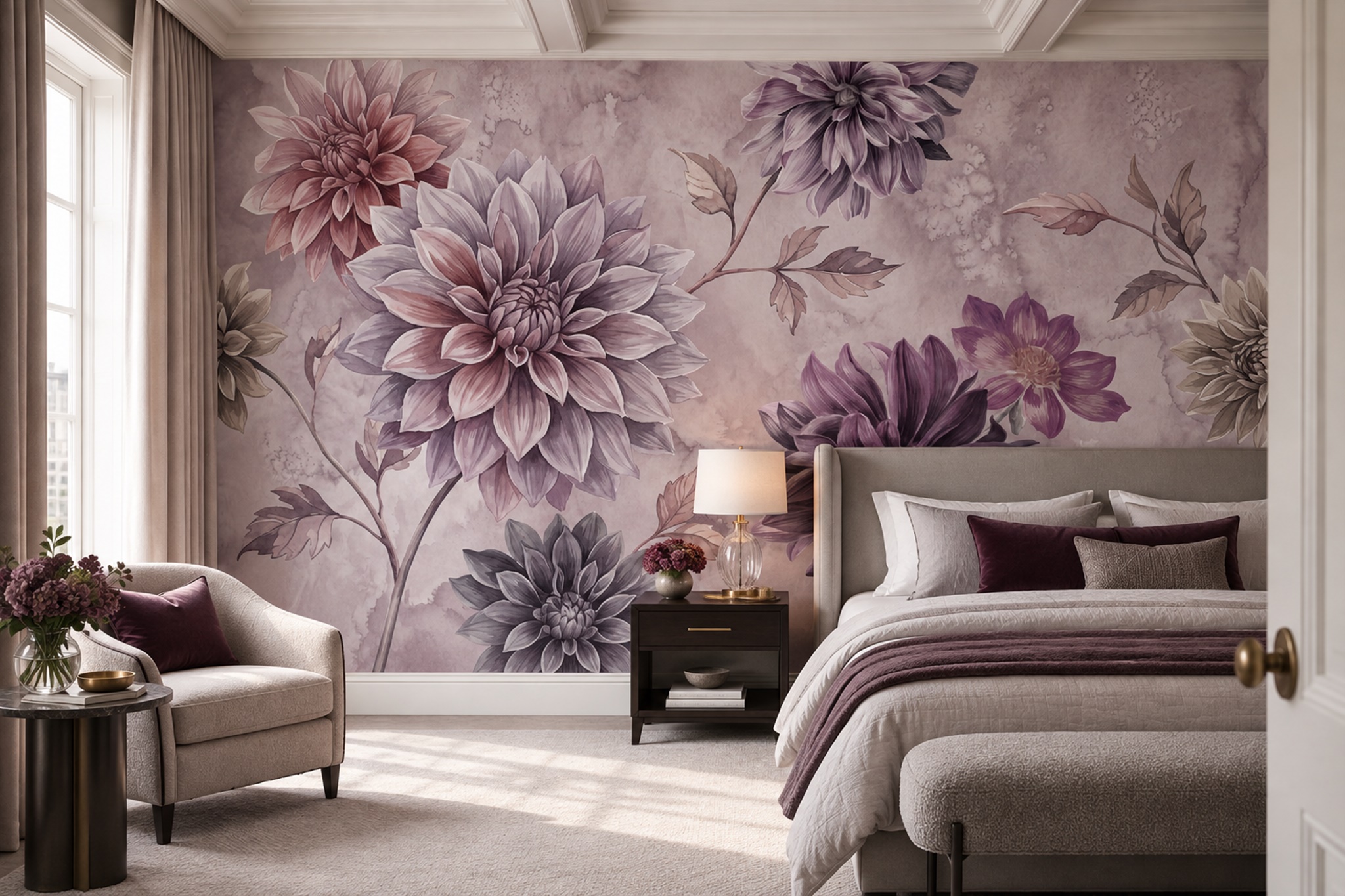 Lilac Pattern Decorative Painterly Wallpaper Mural Bedroom-wallpaper-murals, Peel-and-stick Finish