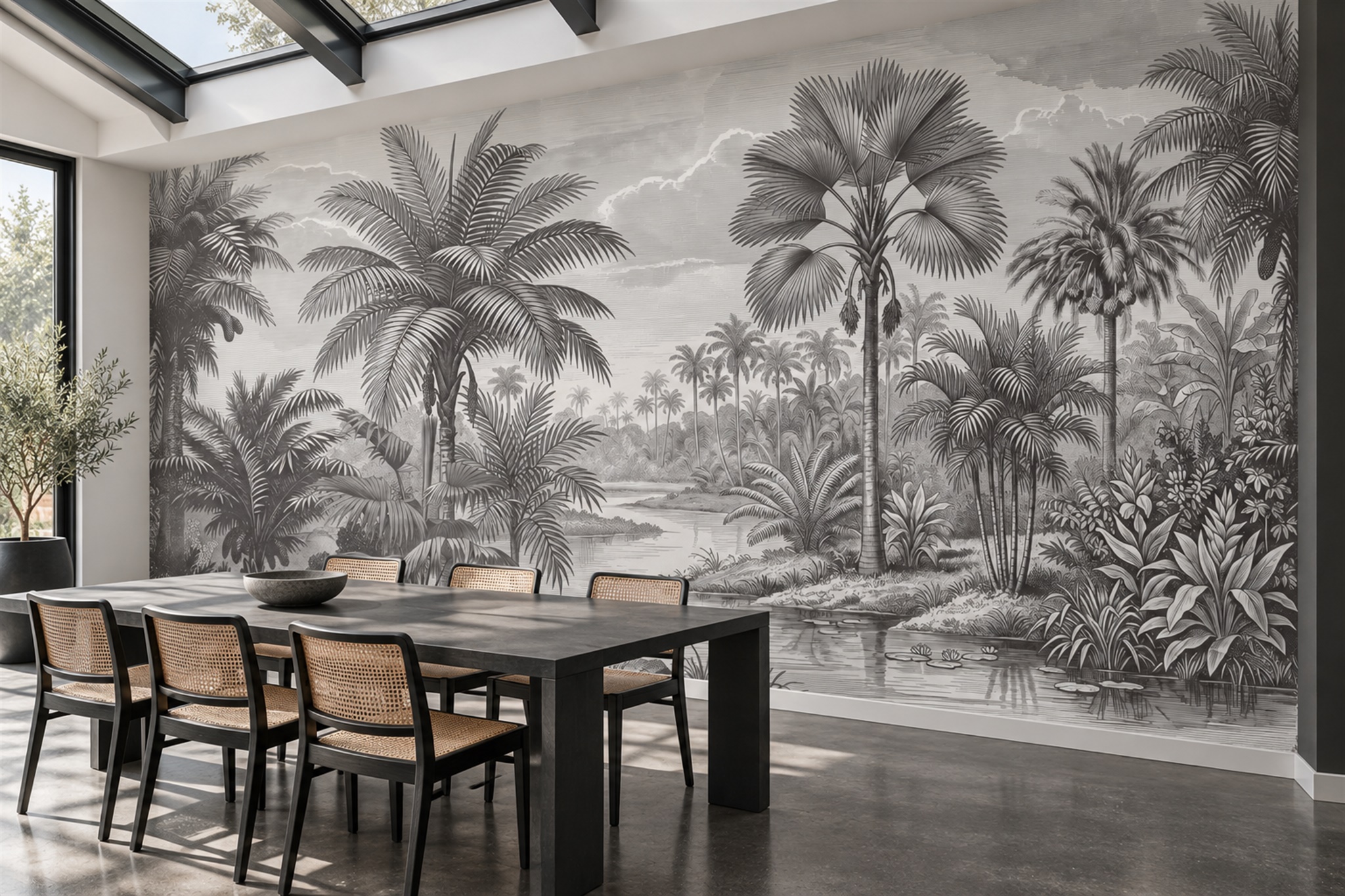 Grey Tropical Artful Textured Wallpaper Mural Dining-room-wallpaper-murals, Shown In A Dining Room, Peel-and-stick Finish