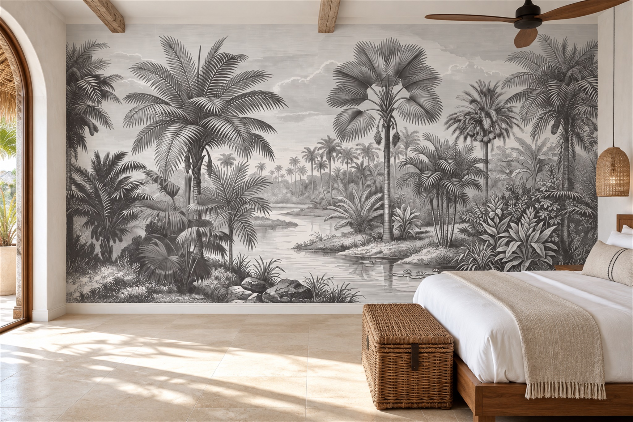 Grey Tropical Artful Textured Wallpaper Mural Bedroom-wallpaper-murals, Peel-and-stick Finish