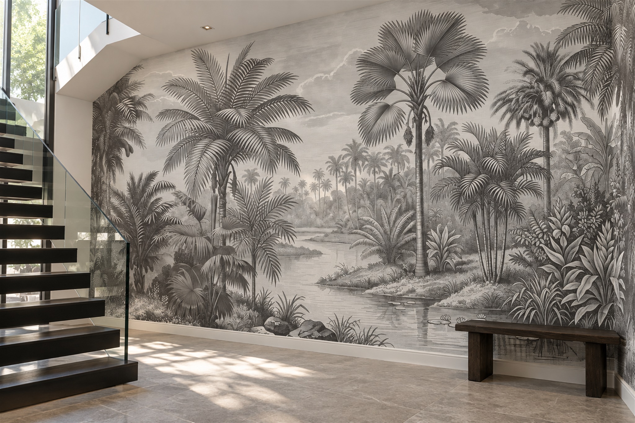 Monochrome Tropical Palms And River Lagoon Wallpaper Mural — Wallpaper Mural Design, Peel-and-stick Finish