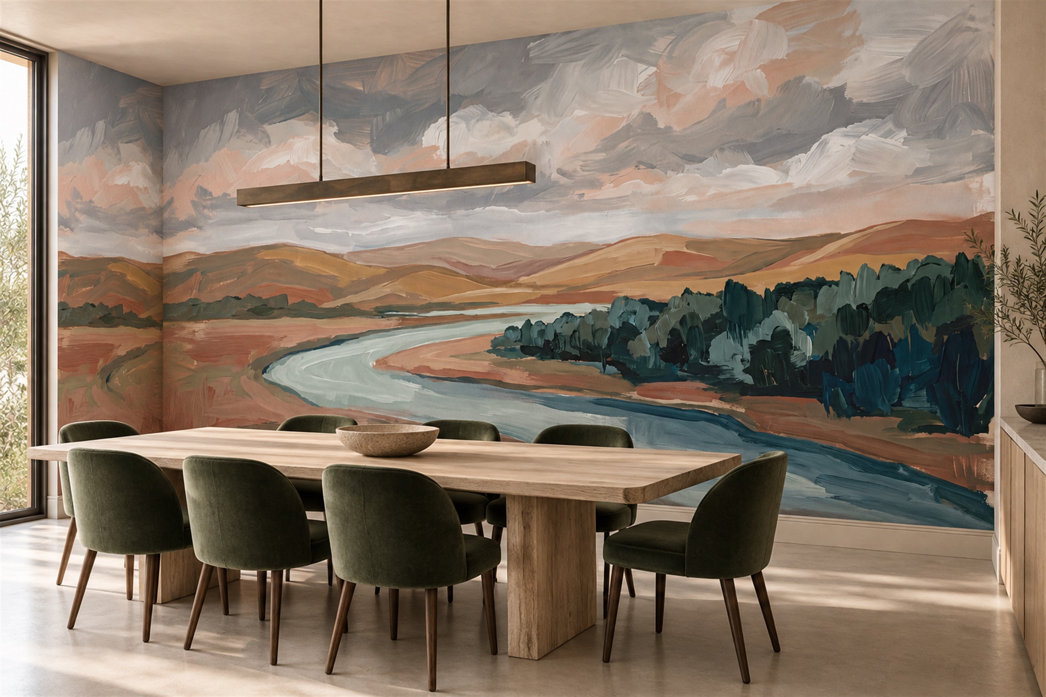Rust River Scenic Wallpaper Mural Dining-room-wallpaper-murals, Shown In A Dining Room, Peel-and-stick Finish