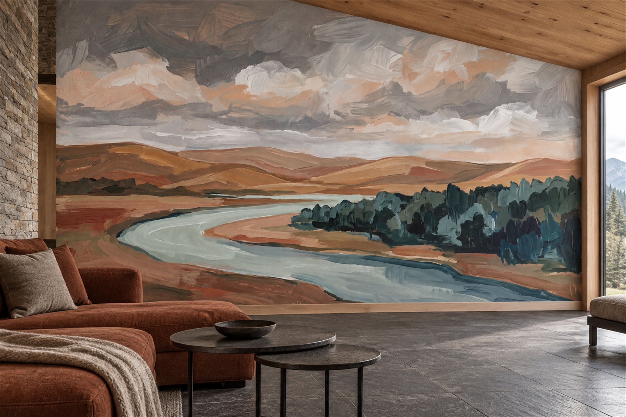 Rust River Scenic Wallpaper Mural Living-room-wallpaper-murals, Peel-and-stick Finish