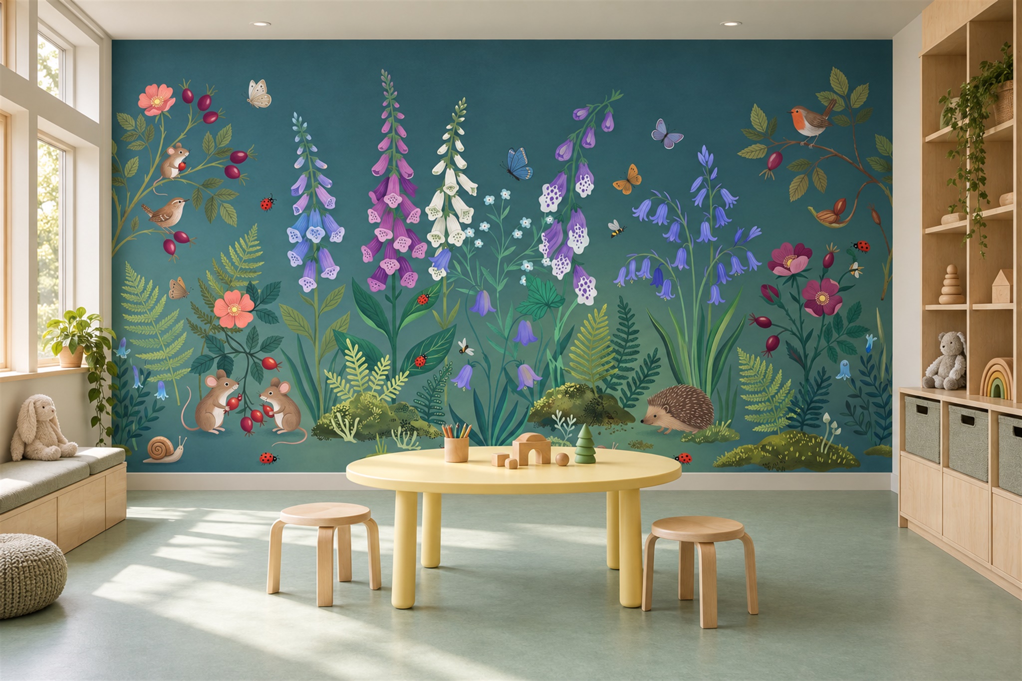 Teal Botanical Botanical Wallpaper Mural Home-office-wallpaper-murals, Shown In A Home Office, Peel-and-stick Finish