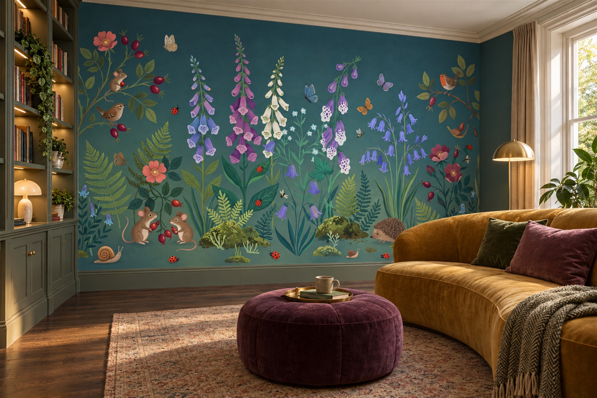 Teal Woodland Meadow With Foxgloves And Small Animals Wallpaper Mural — Wallpaper Mural Design, Peel-and-stick Finish