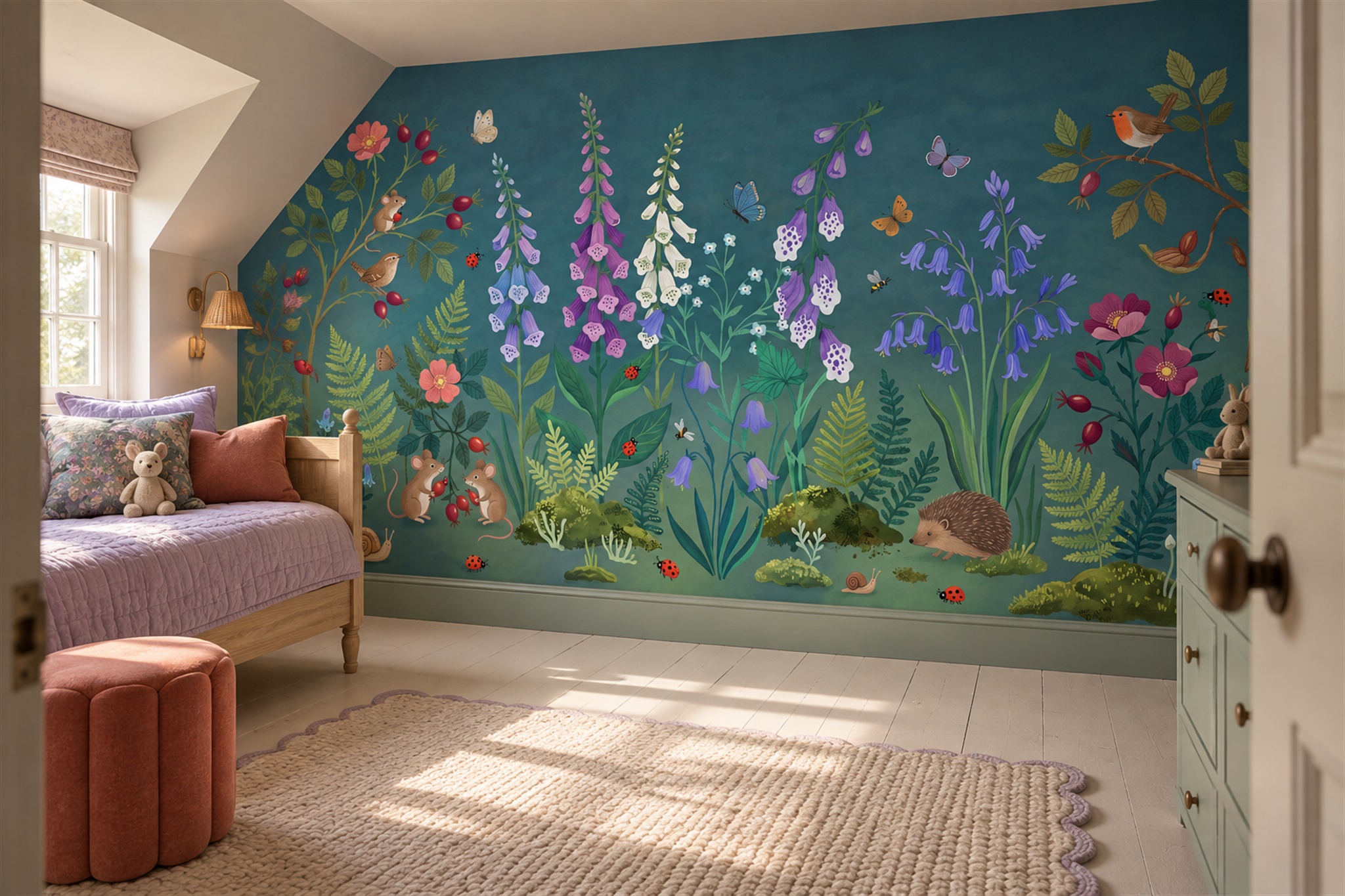 Teal Botanical Botanical Wallpaper Mural Feature-wall-wallpaper-murals, Peel-and-stick Finish