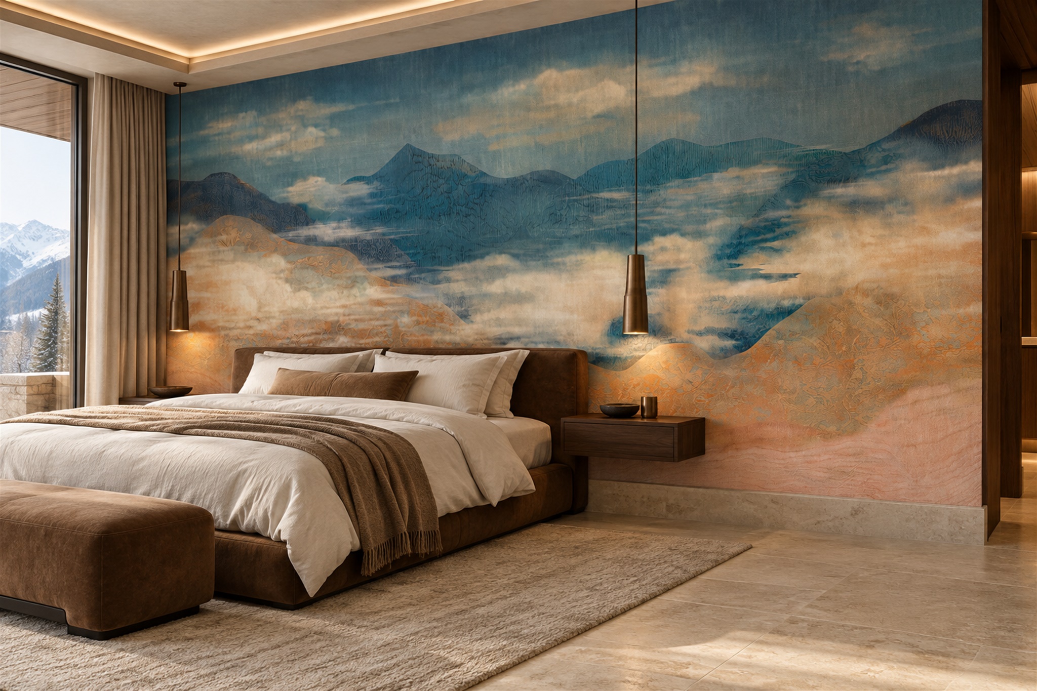Teal Washed Artful Abstract Wallpaper Mural Bedroom-wallpaper-murals, Peel-and-stick Finish