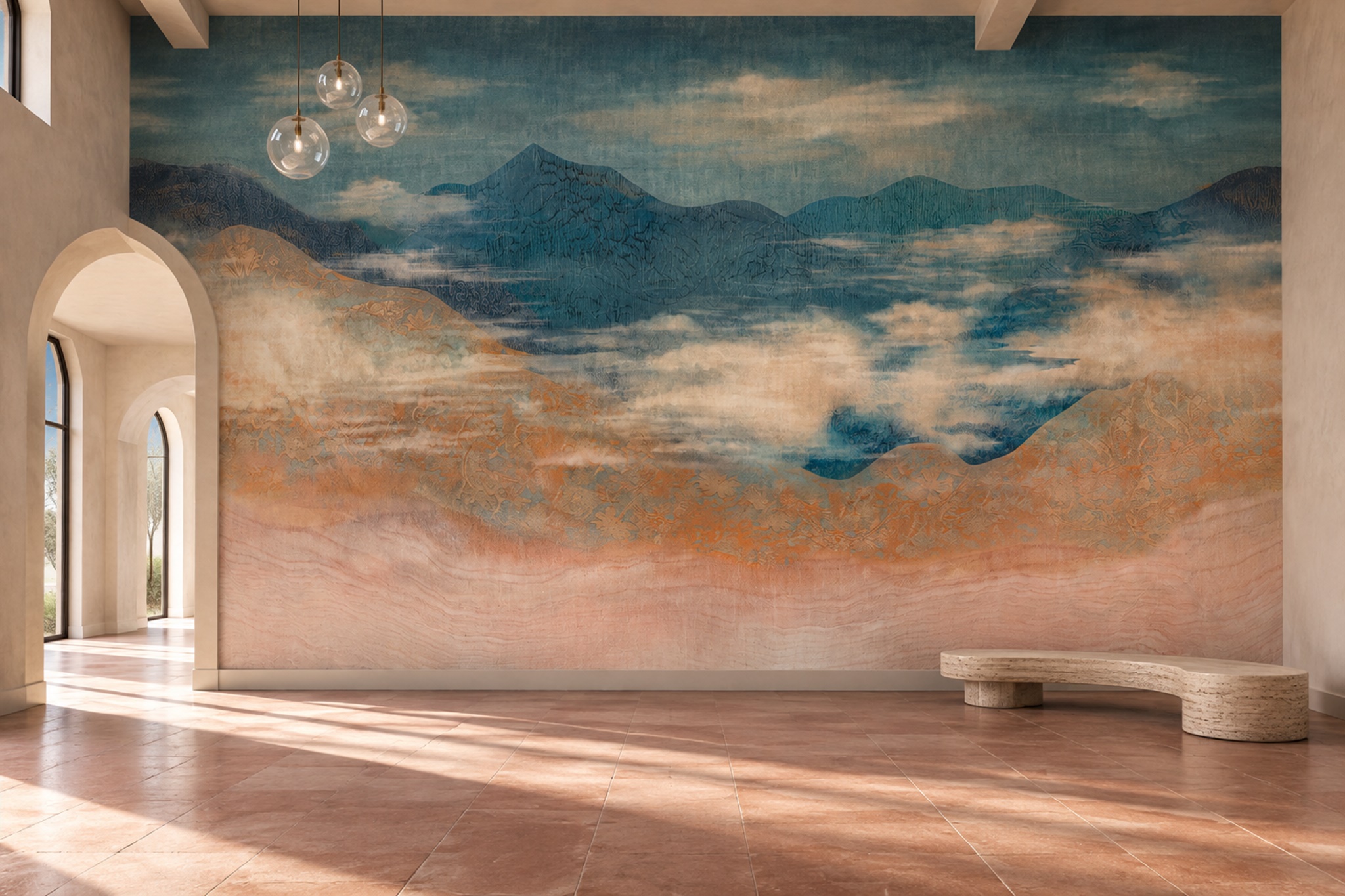 Teal Washed Artful Abstract Wallpaper Mural Entryway-wallpaper-murals, Peel-and-stick Finish