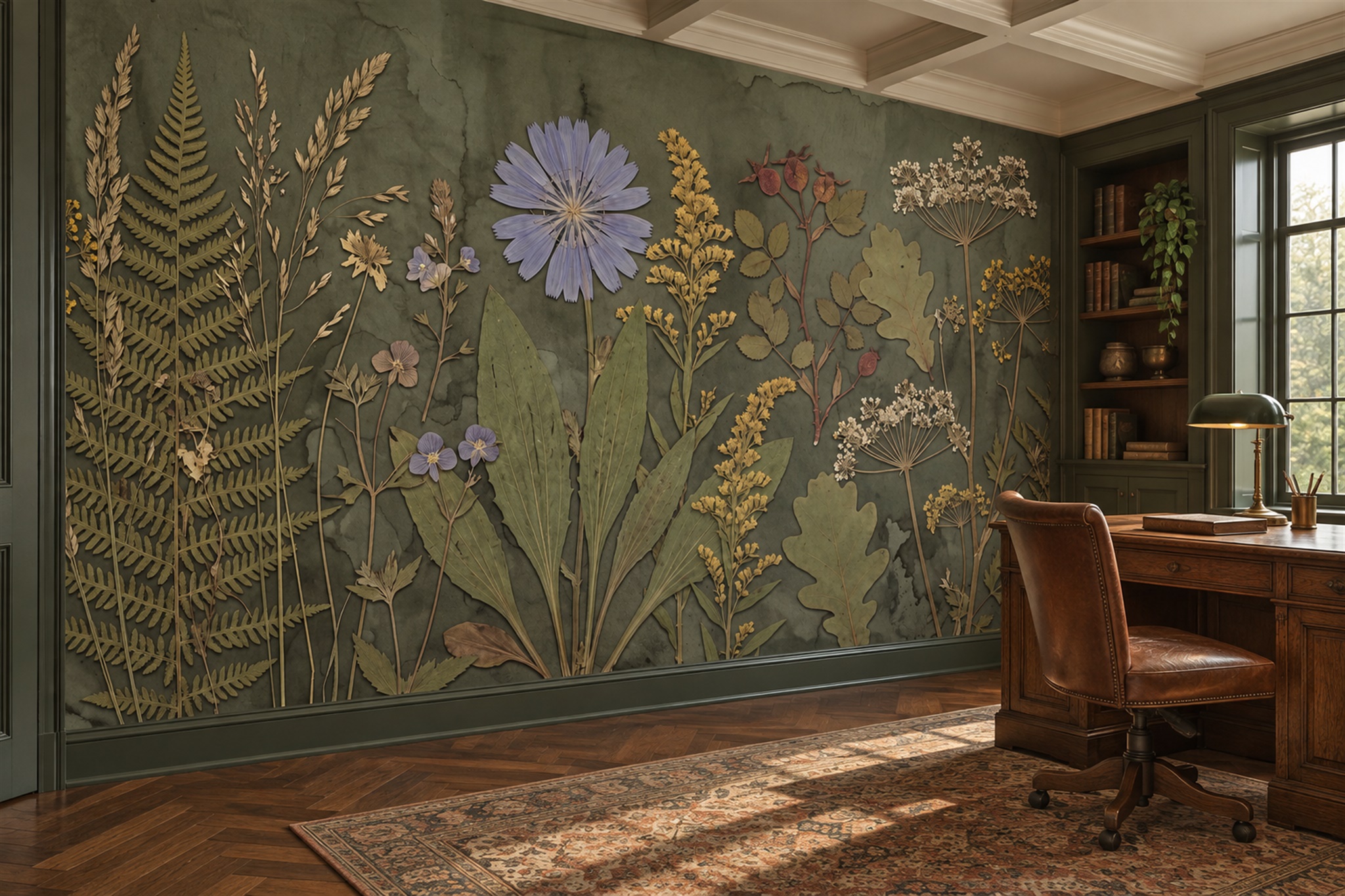 Olive Botanical Botanical Abstract Wallpaper Mural Home-office-wallpaper-murals, Shown In A Home Office, Peel-and-stick Finish