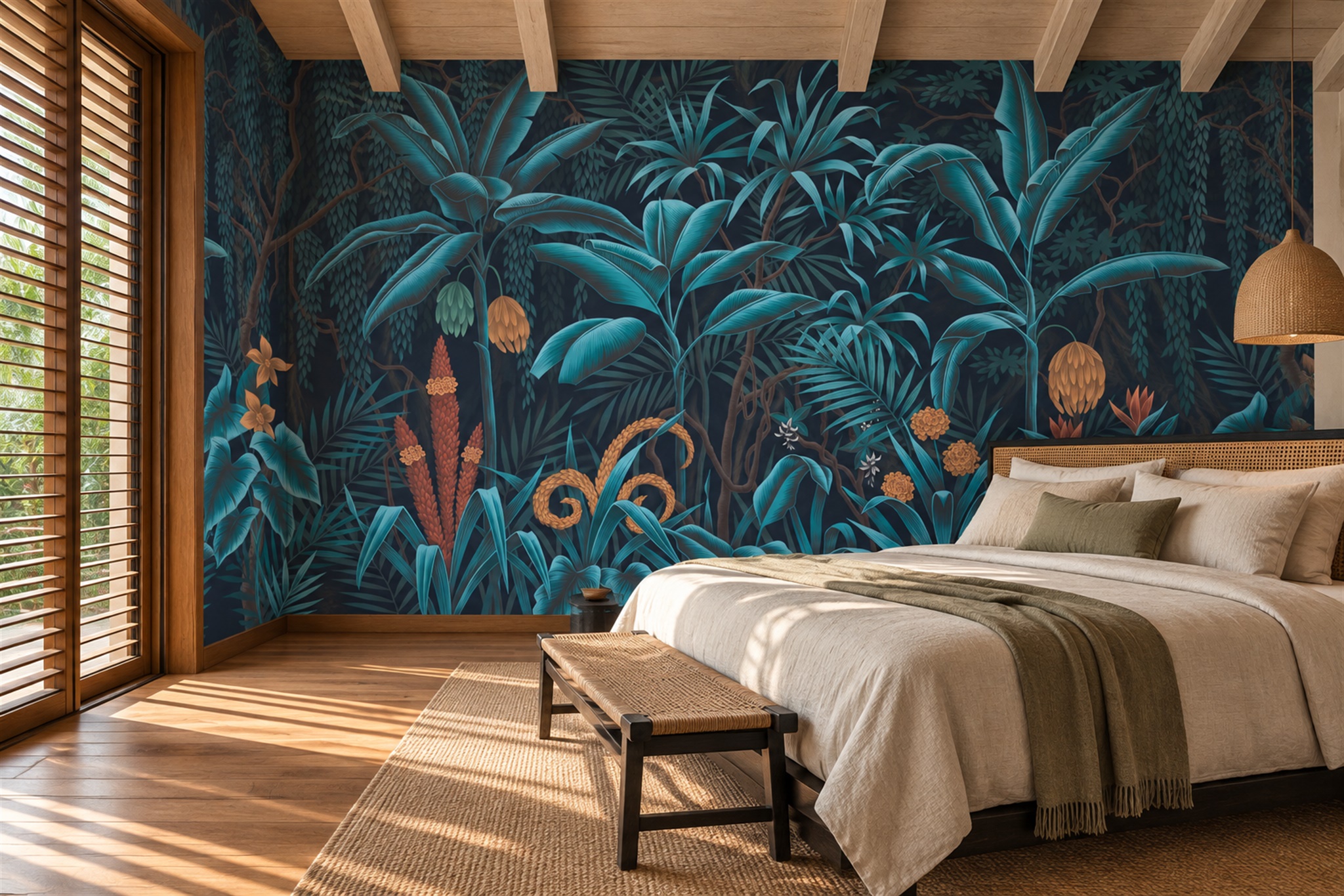 Teal Tropical Jungle Foliage And Bird Of Paradise Wallpaper Mural — Installed Wallpaper Mural In A Bedroom, Peel-and-stick Finish