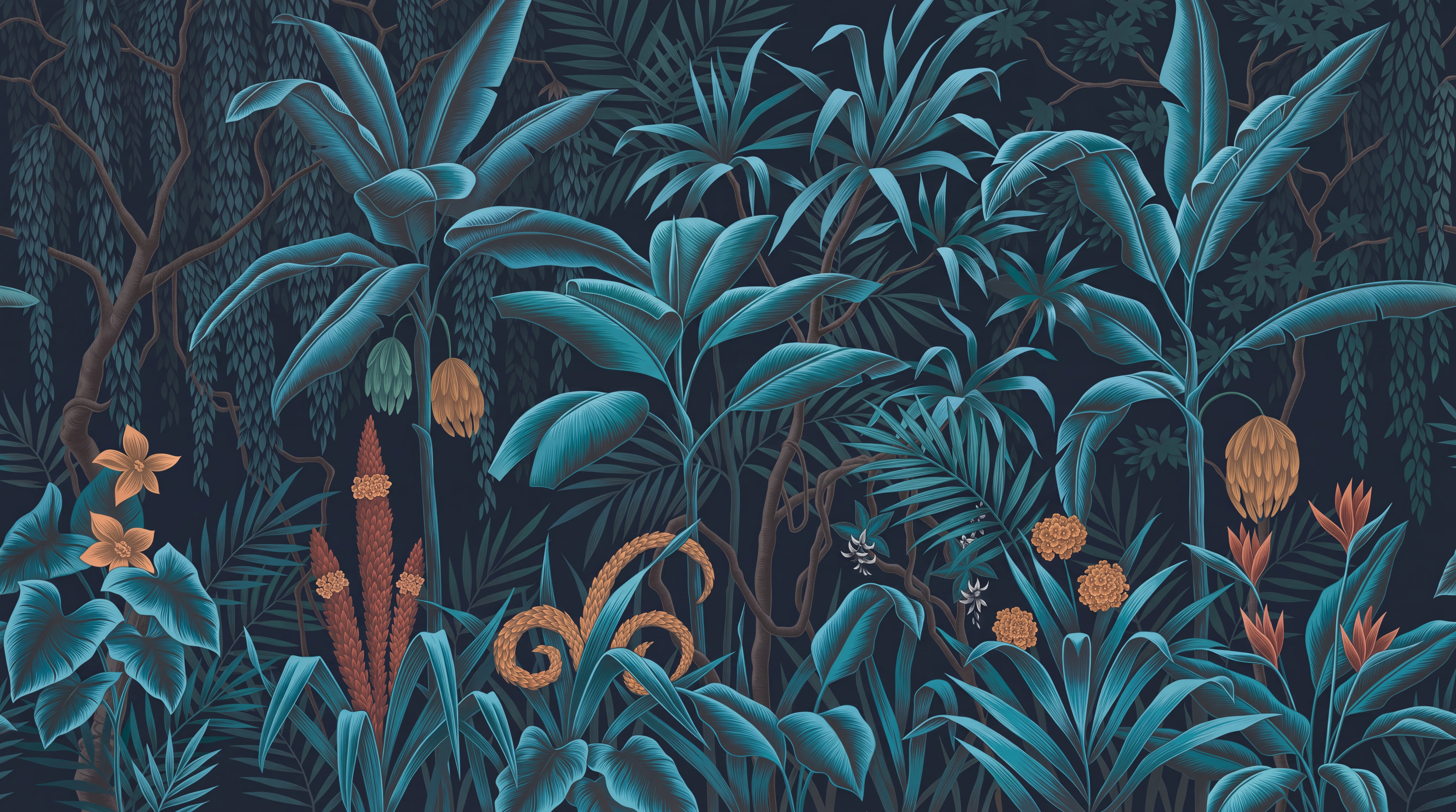 Teal Jungle Scenic Watercolour Wallpaper Mural, Peel-and-stick Finish