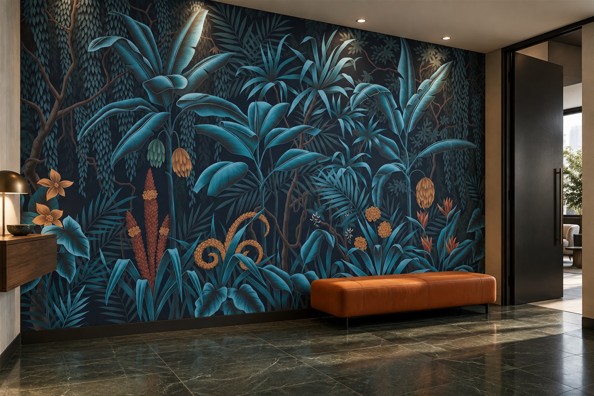 Teal Jungle Scenic Watercolour Wallpaper Mural Entryway-wallpaper-murals, Peel-and-stick Finish
