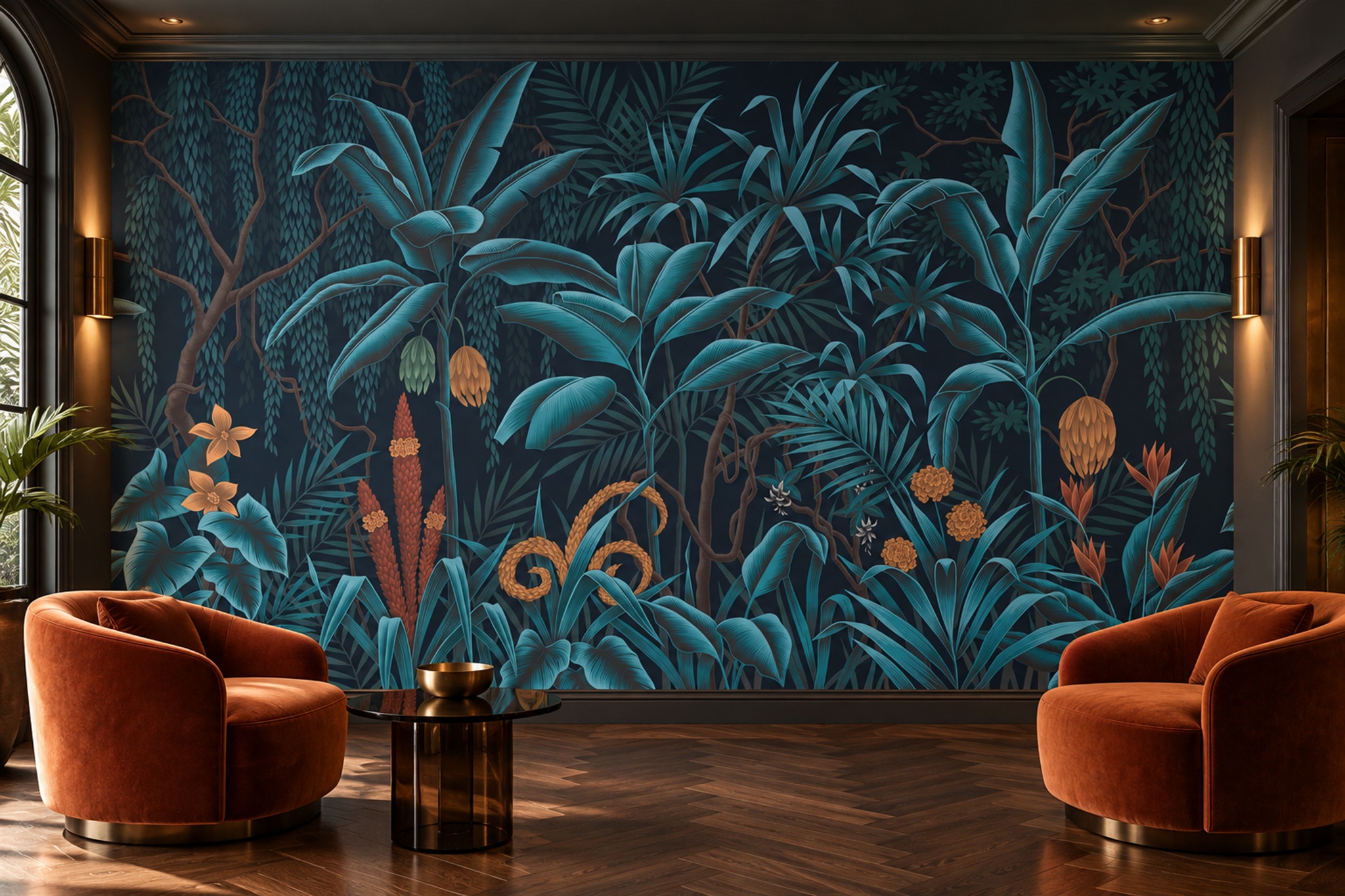 Teal Jungle Scenic Watercolour Wallpaper Mural Living-room-wallpaper-murals, Shown In A Living Room, Peel-and-stick Finish