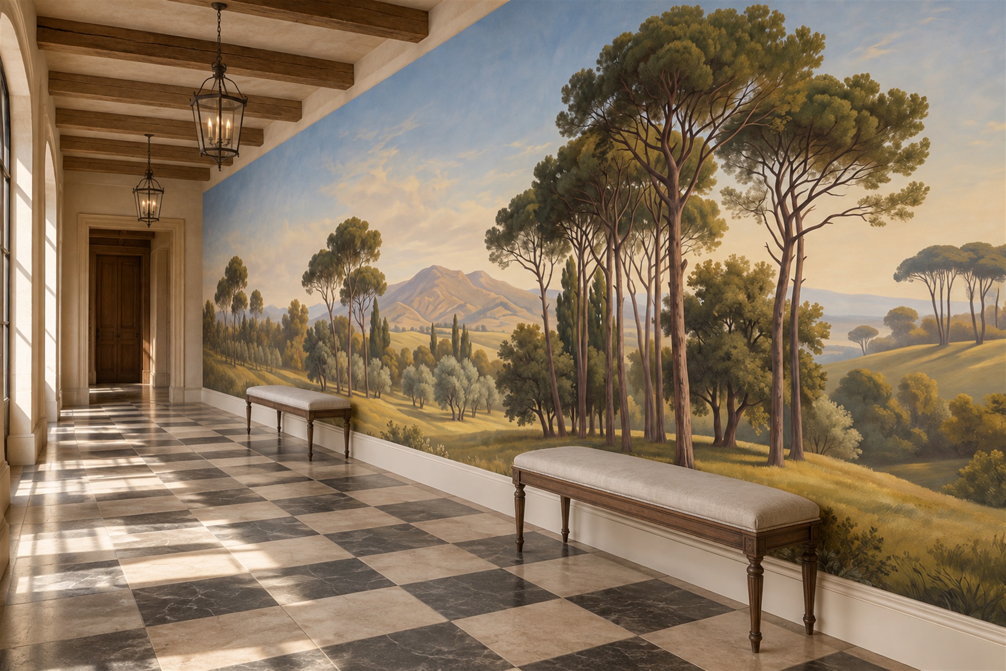 Olive Misty Artful Wallpaper Mural Hallway-wallpaper-murals, Peel-and-stick Finish