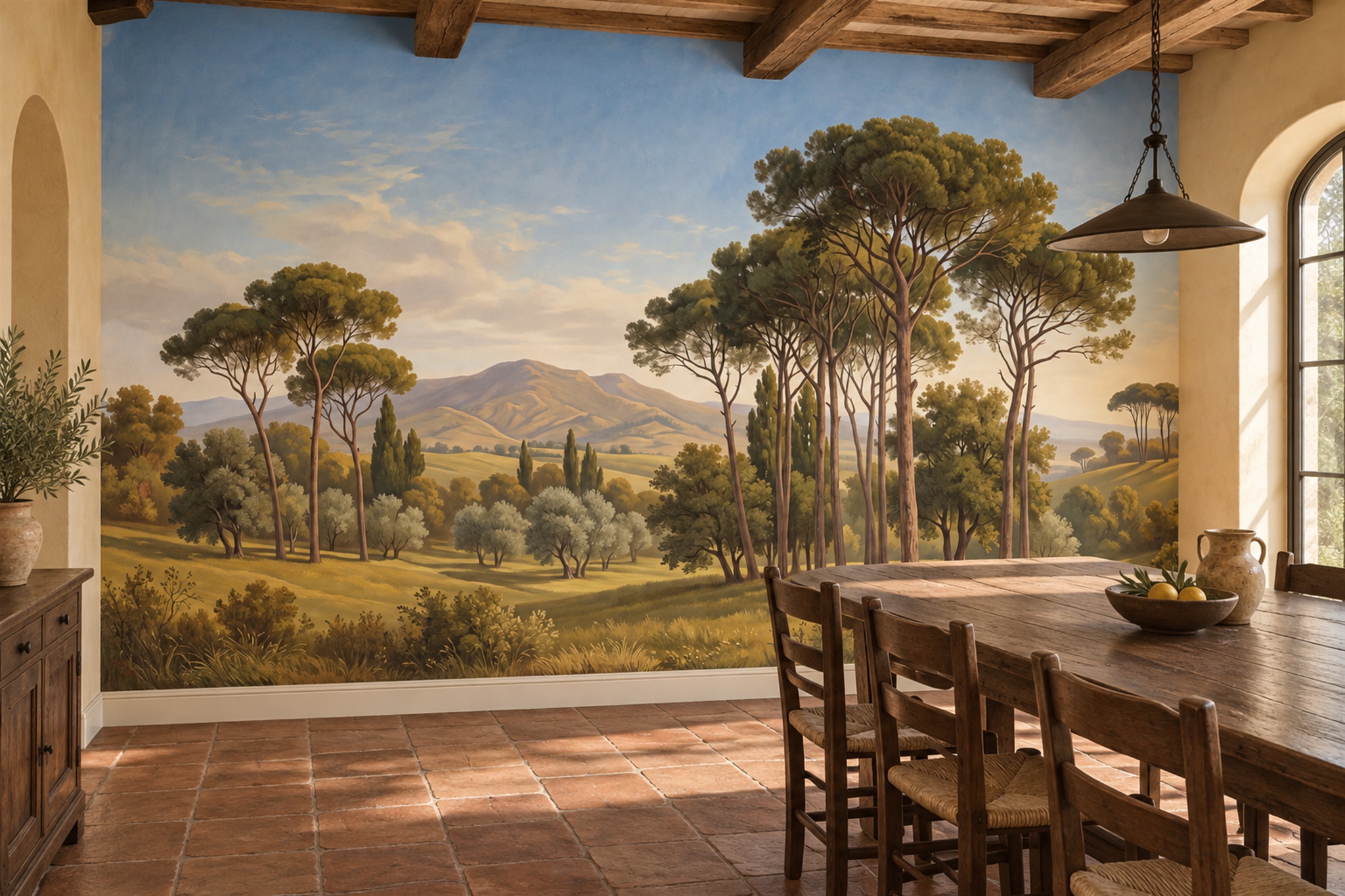 Umbrella Pines And Rolling Hills Landscape Wallpaper Mural — Wallpaper Mural Design, Peel-and-stick Finish