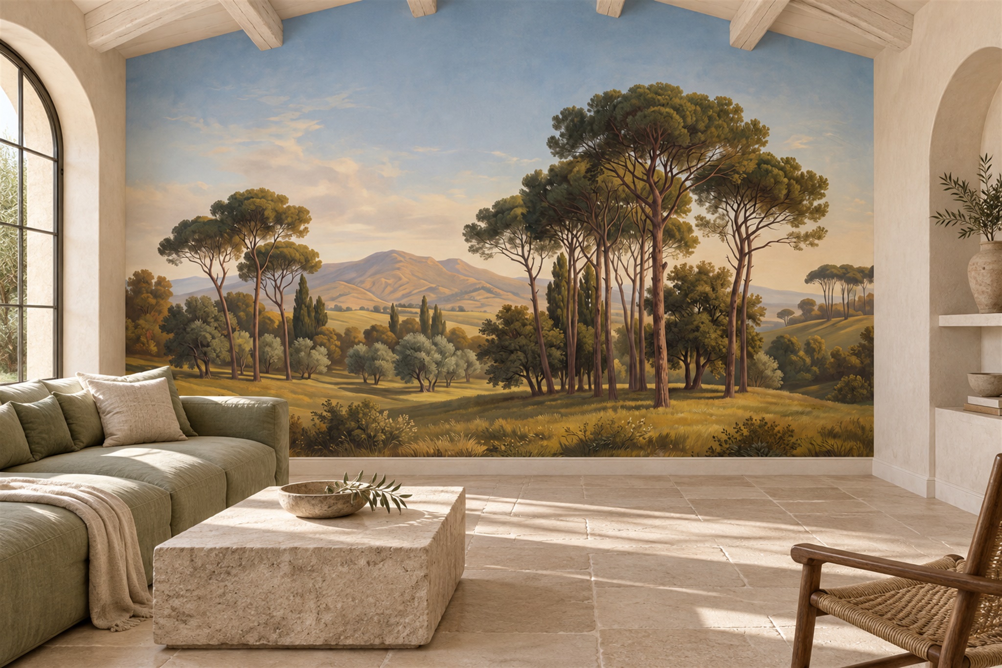 Olive Misty Artful Wallpaper Mural Living-room-wallpaper-murals, Shown In A Living Room, Peel-and-stick Finish