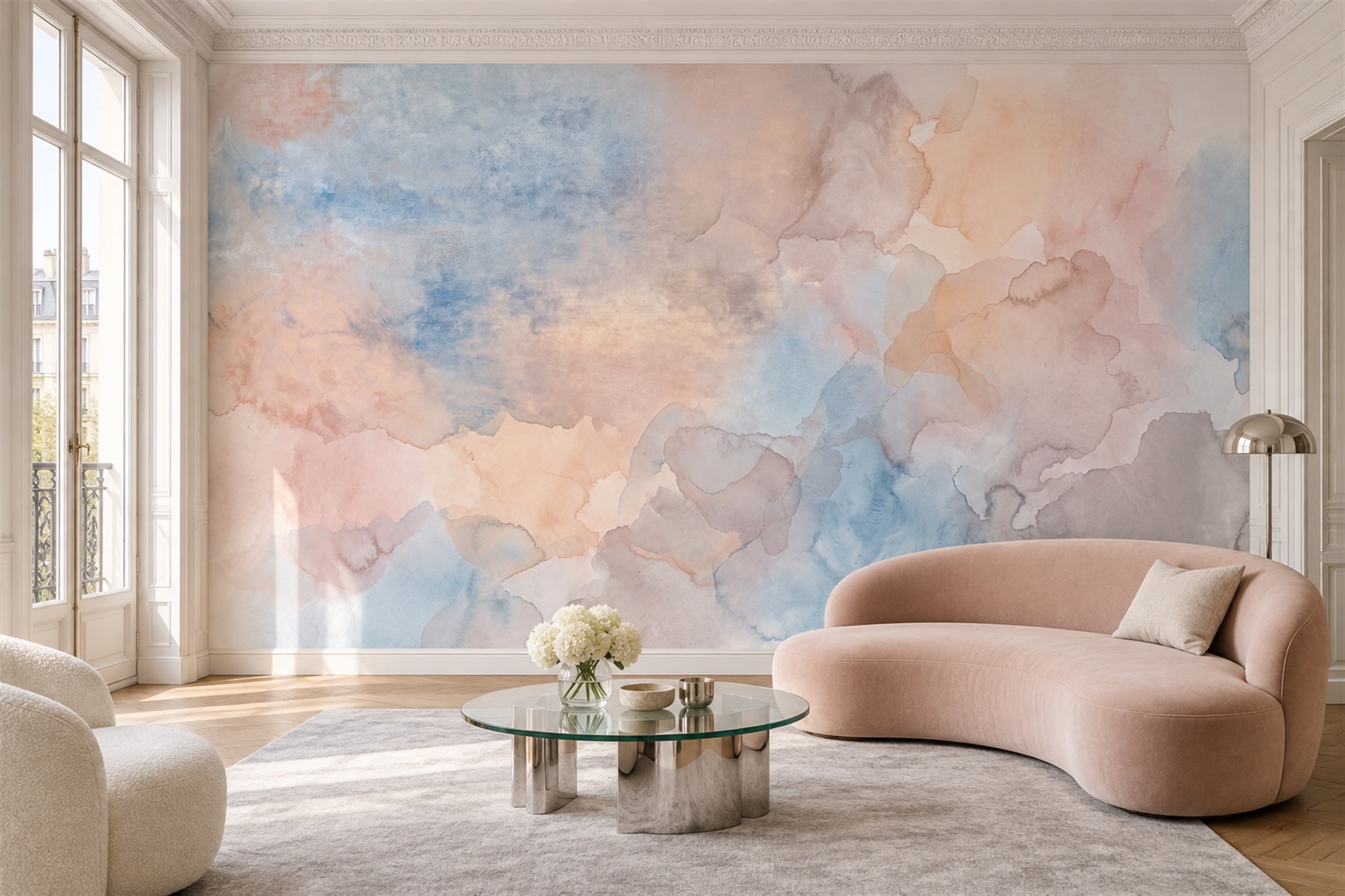 Peach And Blue Clouded Watercolour Wallpaper Mural — Wallpaper Mural Design, Peel-and-stick Finish