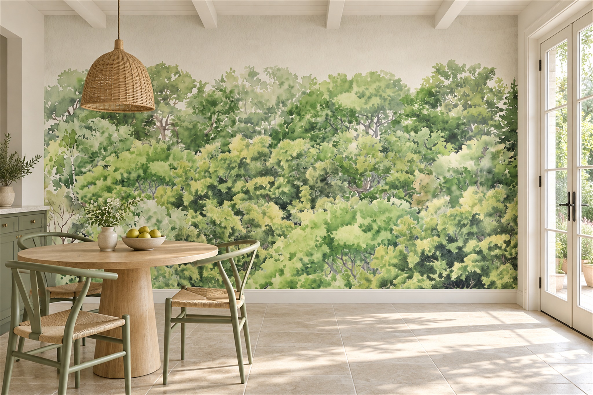 Watercolour Green Forest Canopy Wallpaper Mural — Wallpaper Mural Design, Peel-and-stick Finish