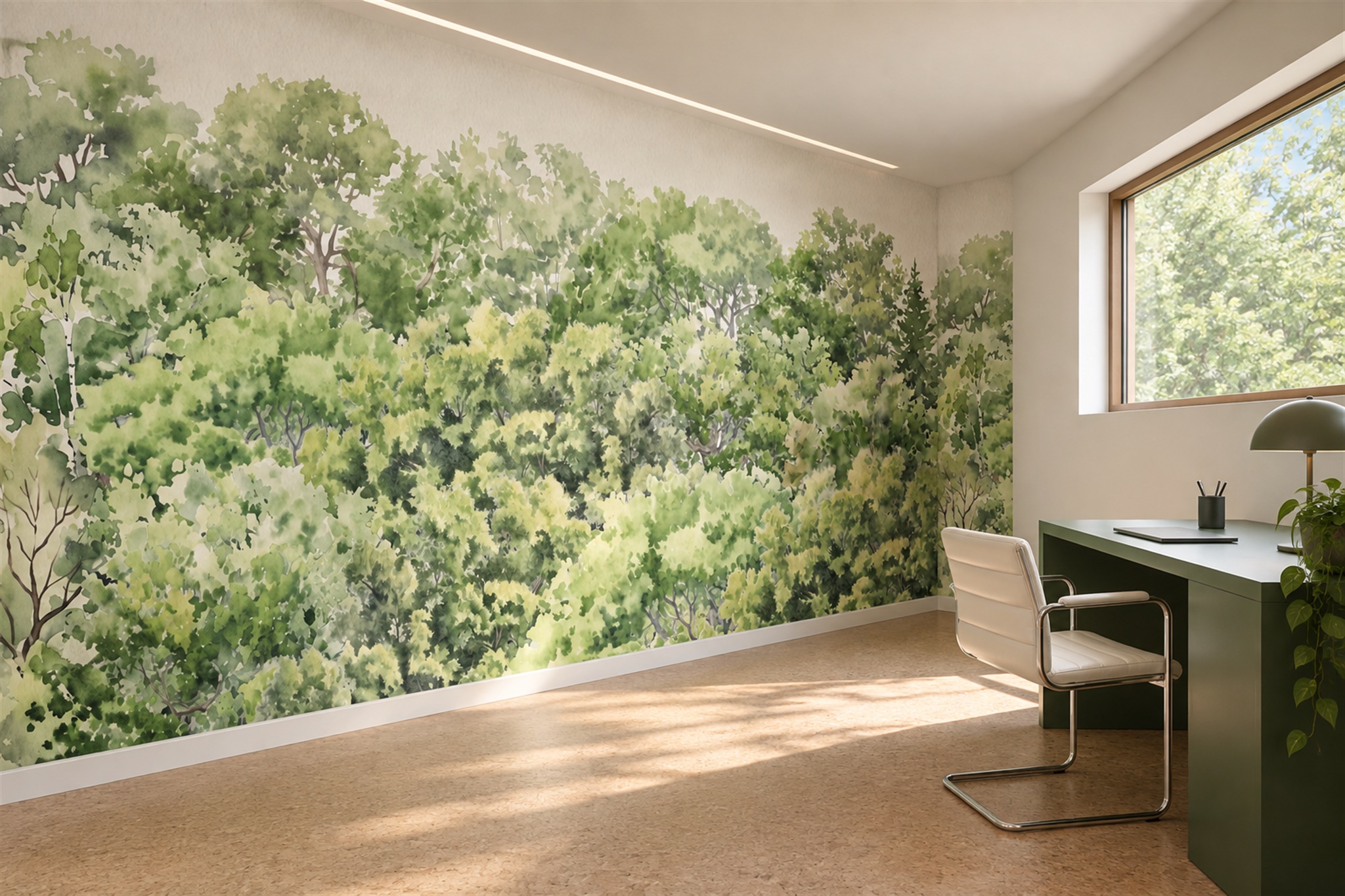 Green Pattern Decorative Wallpaper Mural Layered Painterly Wallpaper Home-office-wallpaper-murals, Shown In A Home Office, Peel-and-stick Finish