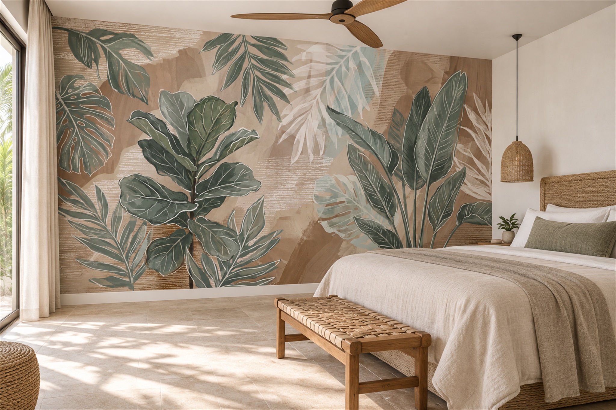 Sage Leaf Botanical Painterly Wallpaper Mural Bedroom-wallpaper-murals, Peel-and-stick Finish