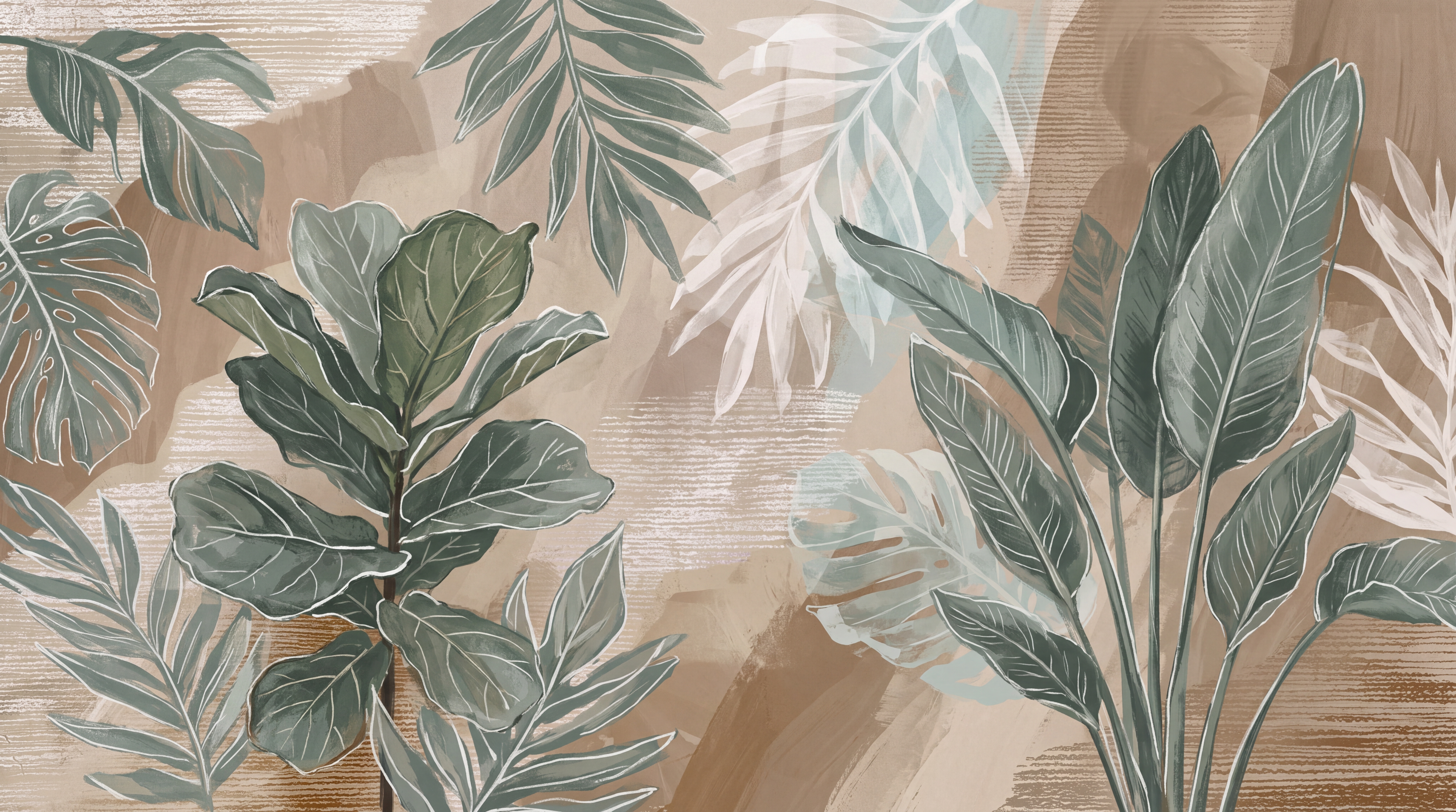 Sage Leaf Botanical Painterly Wallpaper Mural, Peel-and-stick Finish