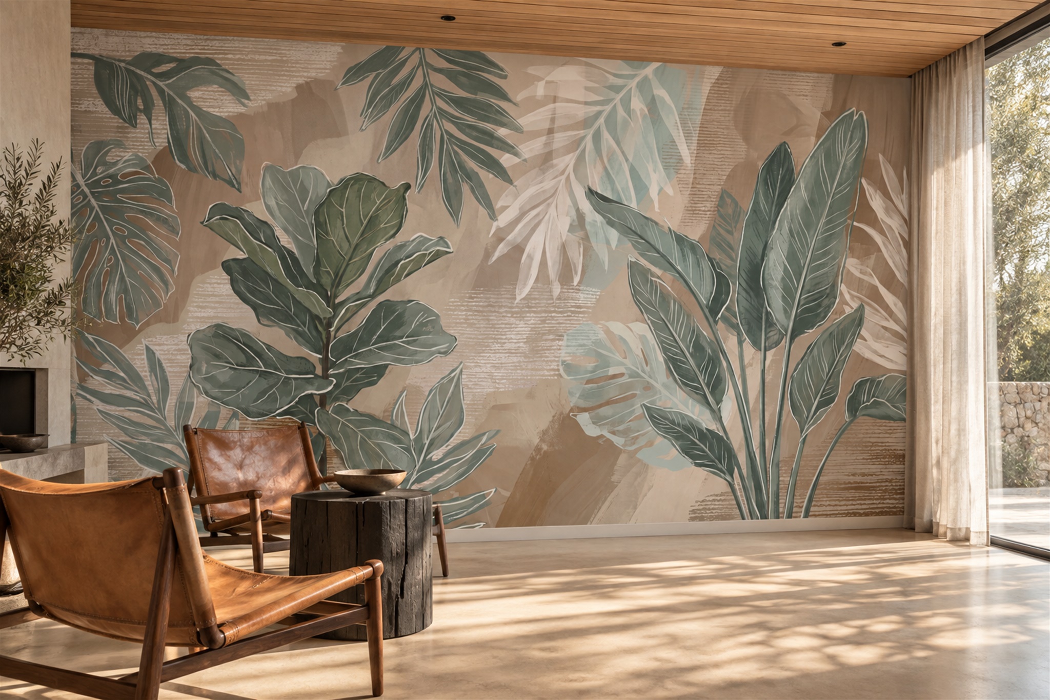 Sage Leaf Botanical Painterly Wallpaper Mural Bathroom-wallpaper-murals, Peel-and-stick Finish