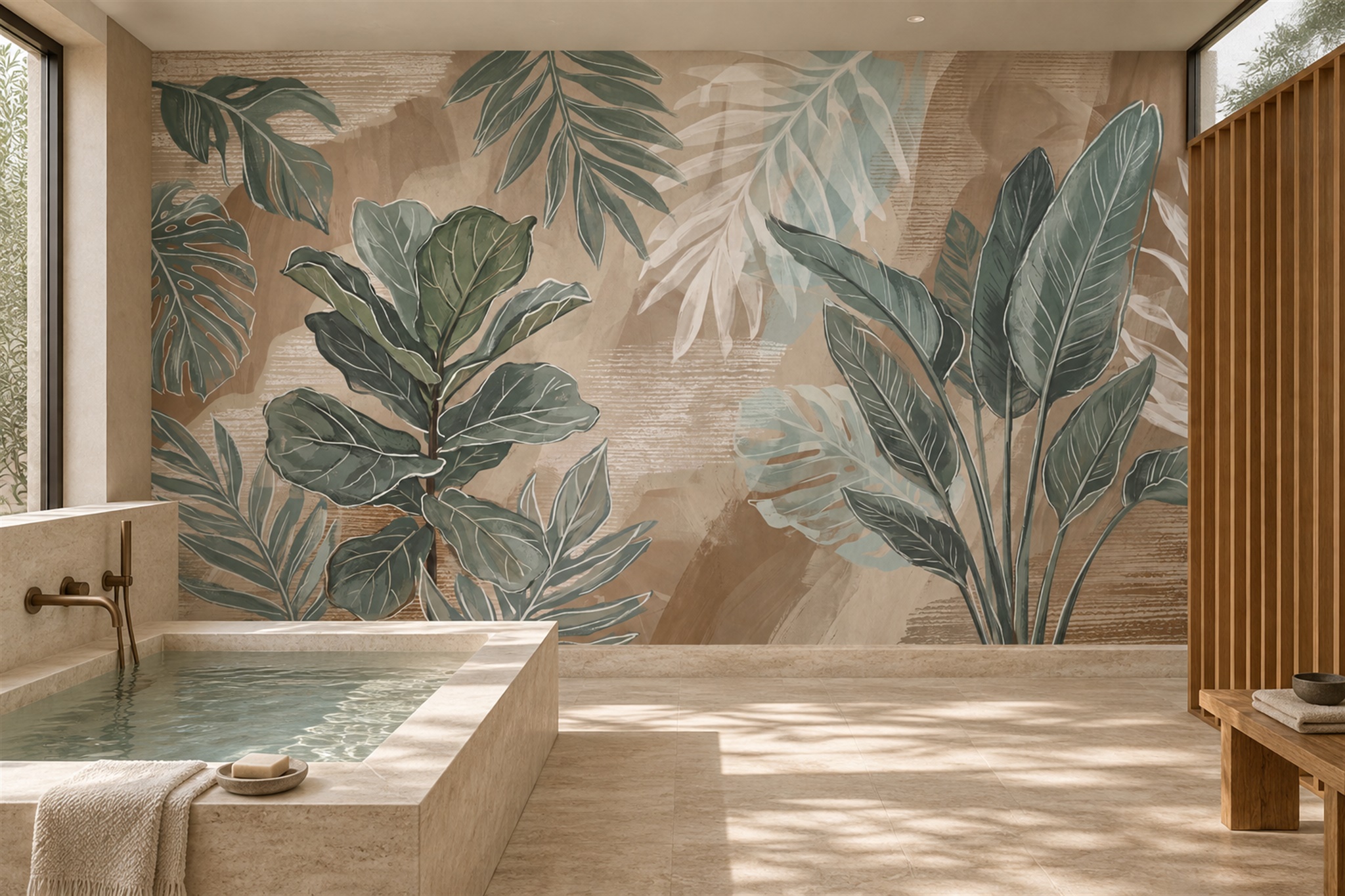 Sage And Charcoal Tropical Leaves On Textured Taupe Wallpaper Mural — Wallpaper Mural Design, Peel-and-stick Finish