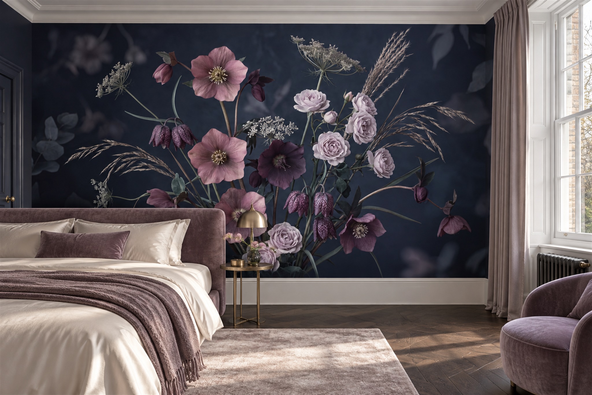 Navy Bouquet Botanical Wallpaper Mural Bedroom-wallpaper-murals, Peel-and-stick Finish