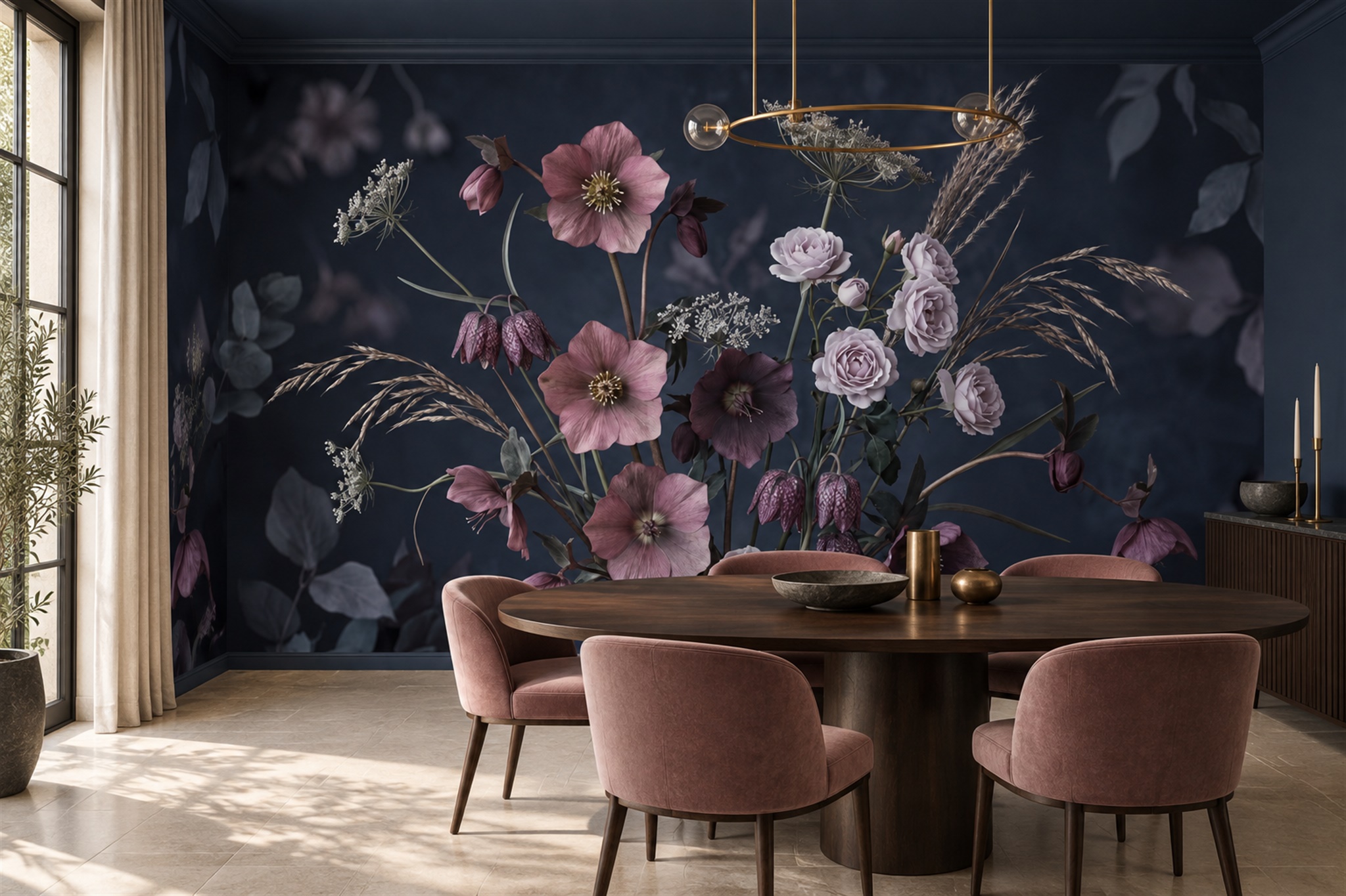 Navy Bouquet Botanical Wallpaper Mural Dining-room-wallpaper-murals, Shown In A Dining Room, Peel-and-stick Finish