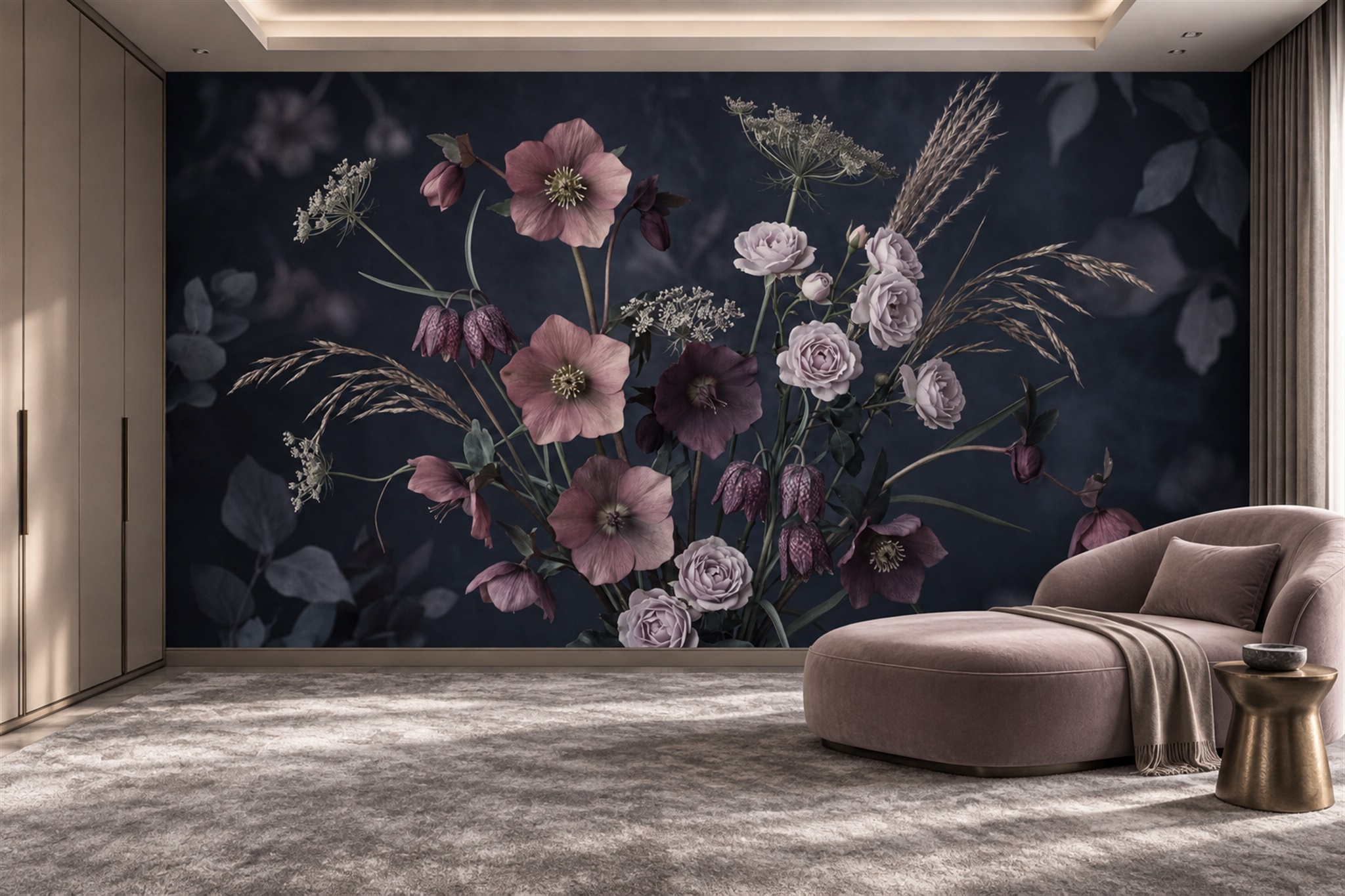 Navy Bouquet Botanical Wallpaper Mural Accent-wall-wallpaper-murals, Peel-and-stick Finish