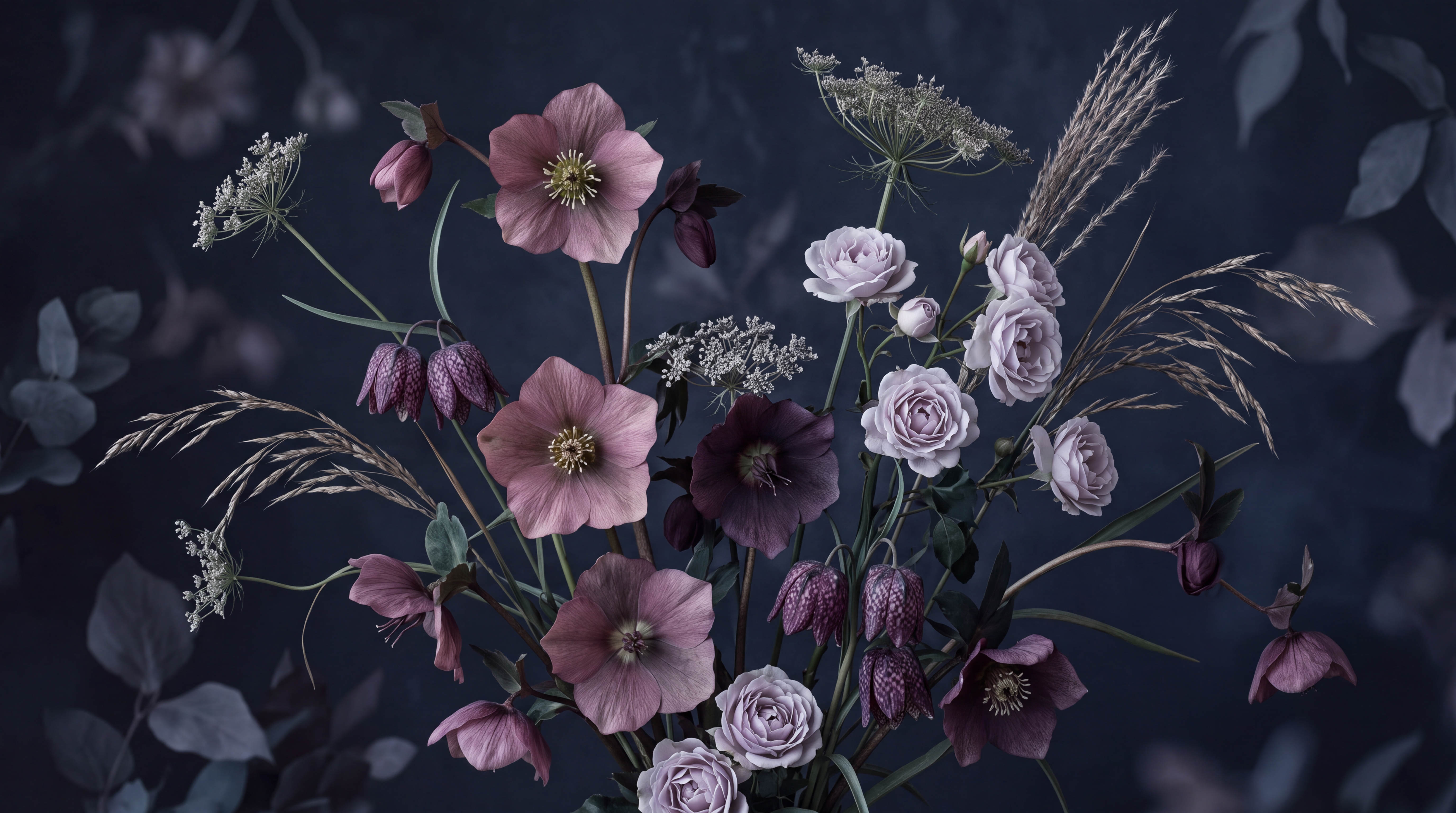 Navy Bouquet Botanical Wallpaper Mural Accent-wall-wallpaper-murals, Peel-and-stick Finish