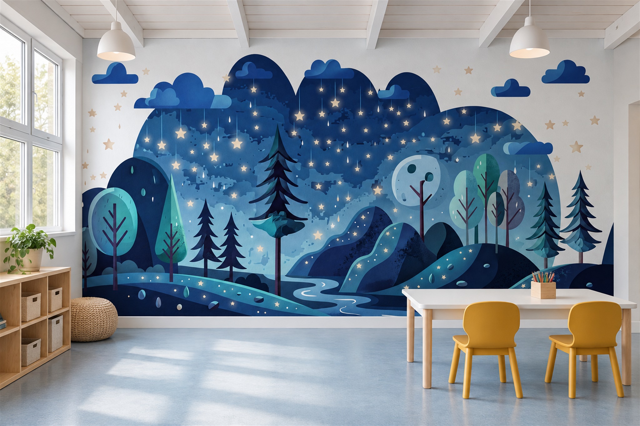 Blue Forest Scenic Painterly Wallpaper Mural Home-office-wallpaper-murals, Shown In A Home Office, Peel-and-stick Finish