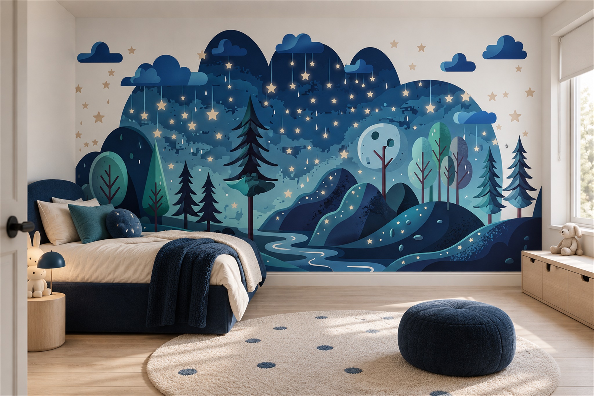 Blue Forest Scenic Painterly Wallpaper Mural Feature-wall-wallpaper-murals, Peel-and-stick Finish