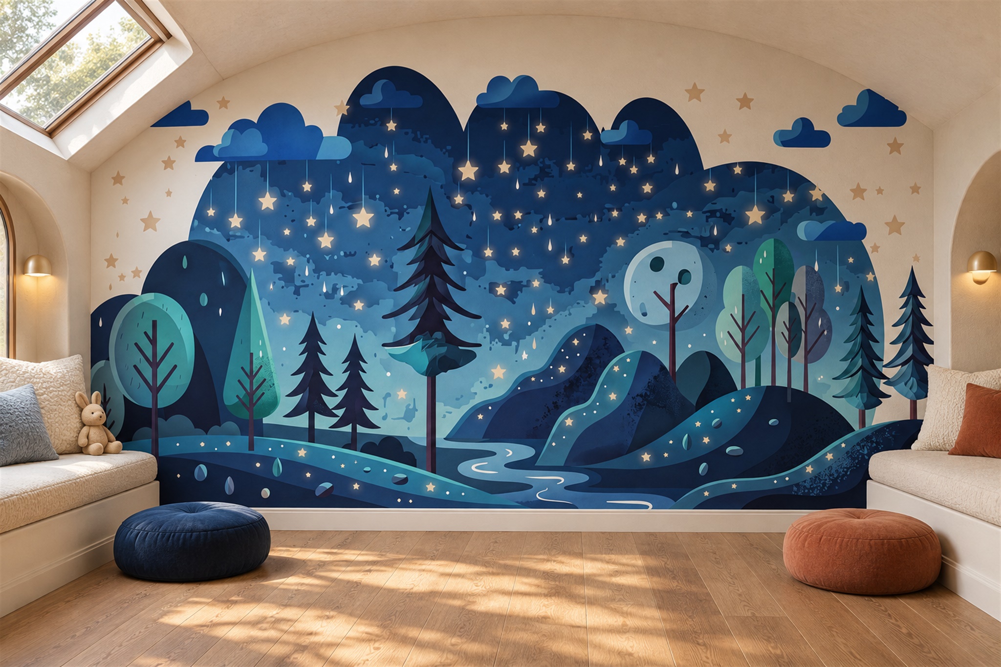 Blue Forest Scenic Painterly Wallpaper Mural Feature-wall-wallpaper-murals, Peel-and-stick Finish