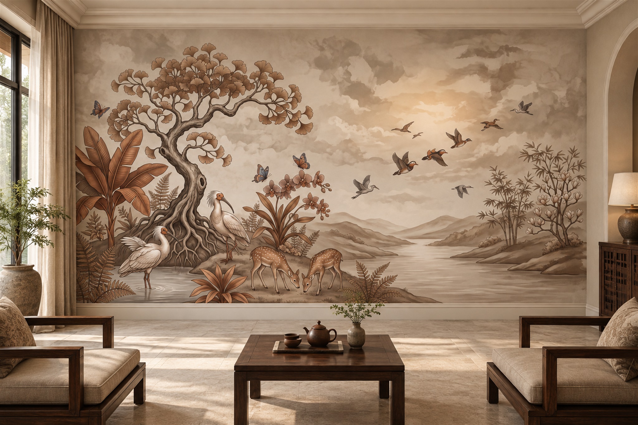 Sepia Landscape Scenic Wallpaper Mural Accent-wall-wallpaper-murals, Peel-and-stick Finish
