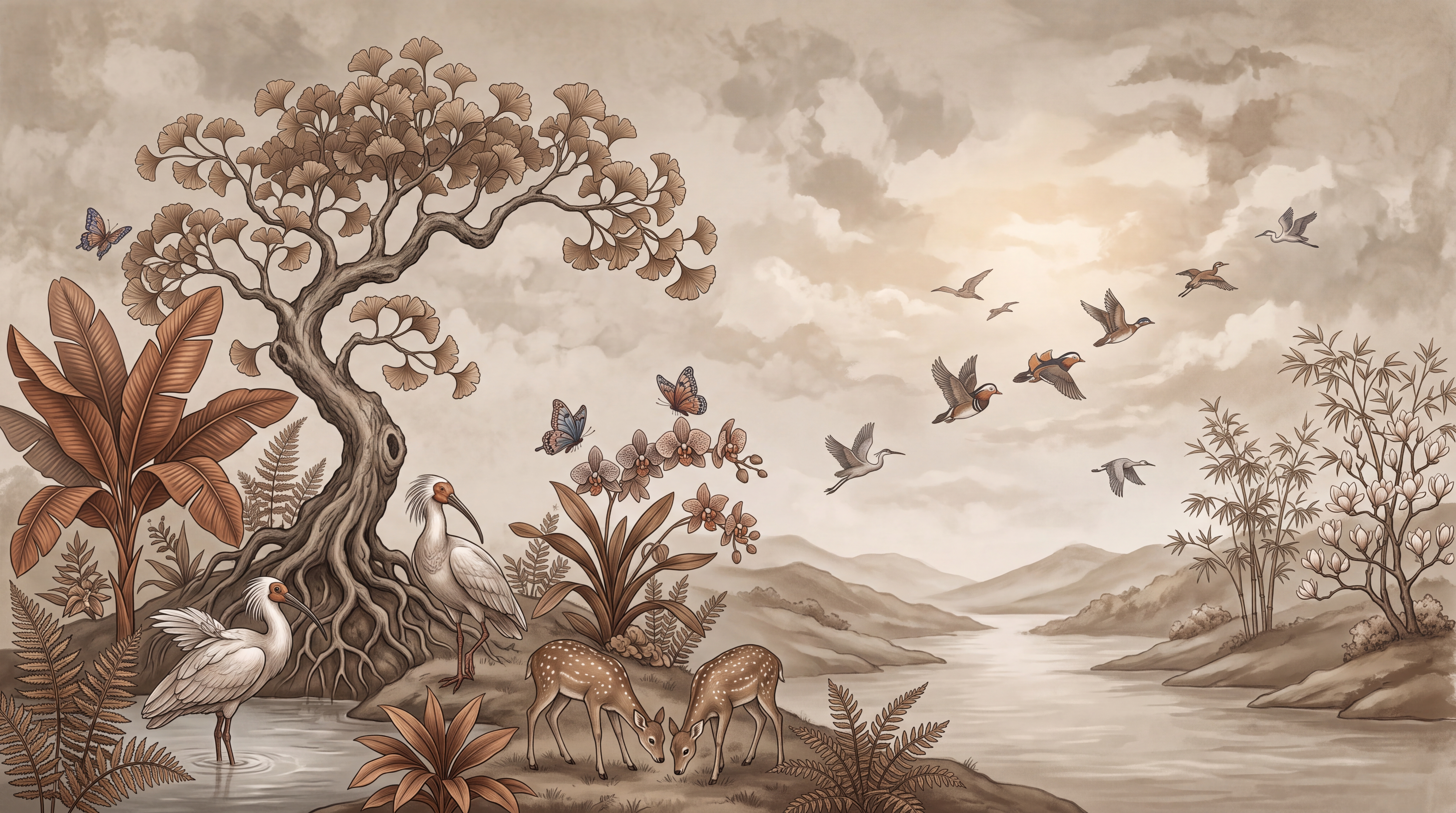 Sepia Landscape Scenic Wallpaper Mural Dining-room-wallpaper-murals, Peel-and-stick Finish